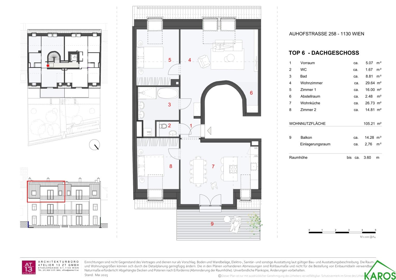 Grundriss Top 6 — Nr. 258 Auhofstraße — 4 Zimmer — 105,2 m² — DG — Wienerwald, Garten