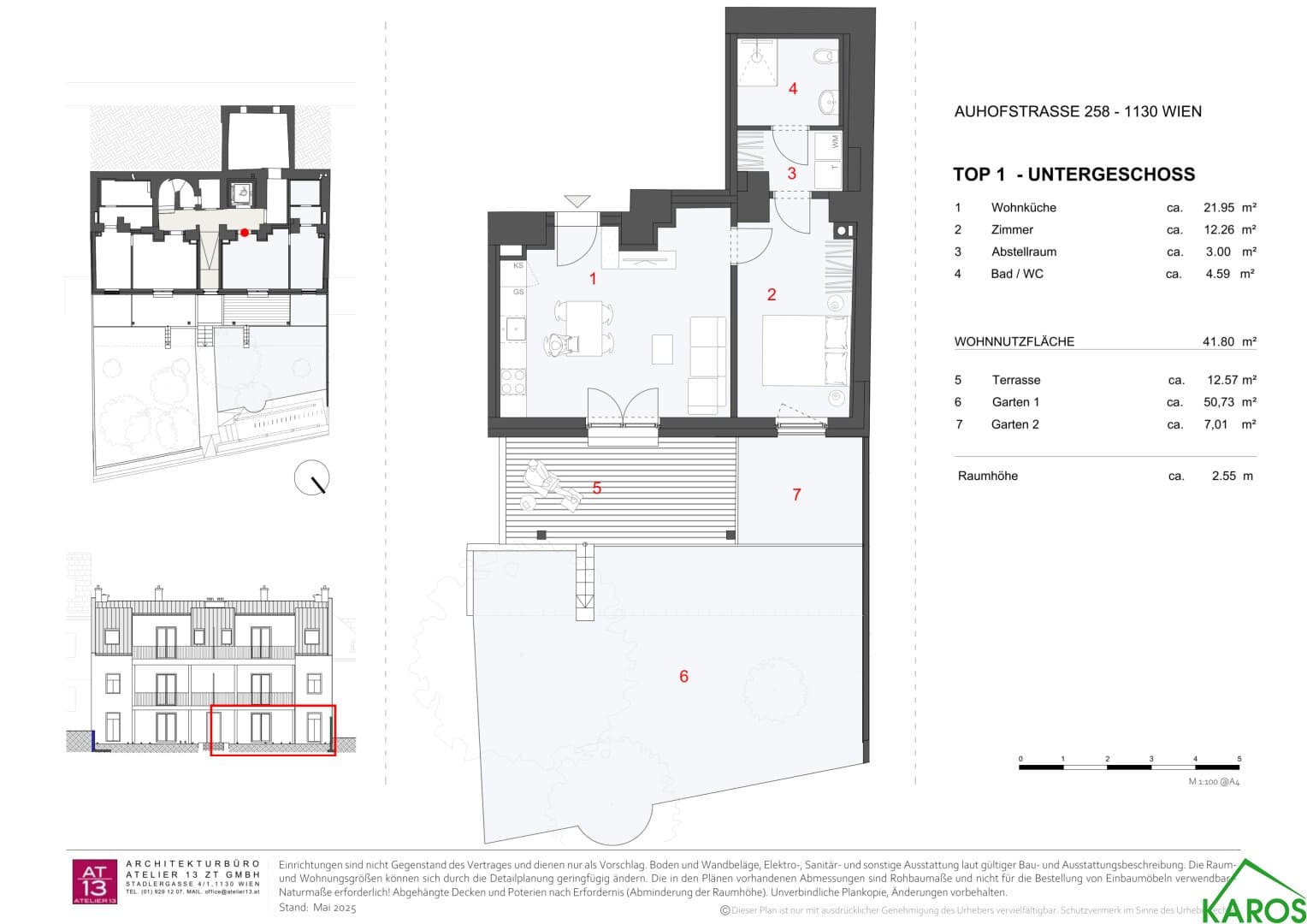 Grundriss Top 1 — Nr. 258 Auhofstraße — 2 Zimmer — 41,8 m² — EG — Garten