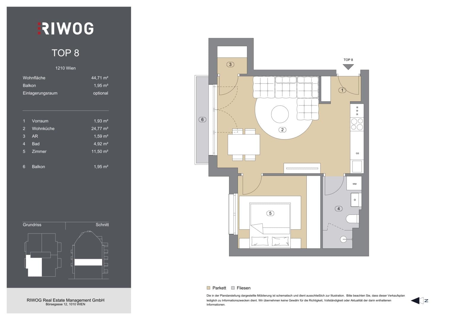 Grundriss Top 8 — Bahnsteggasse I — 2 Zimmer — 45 m² — 2nd floor — Balkon