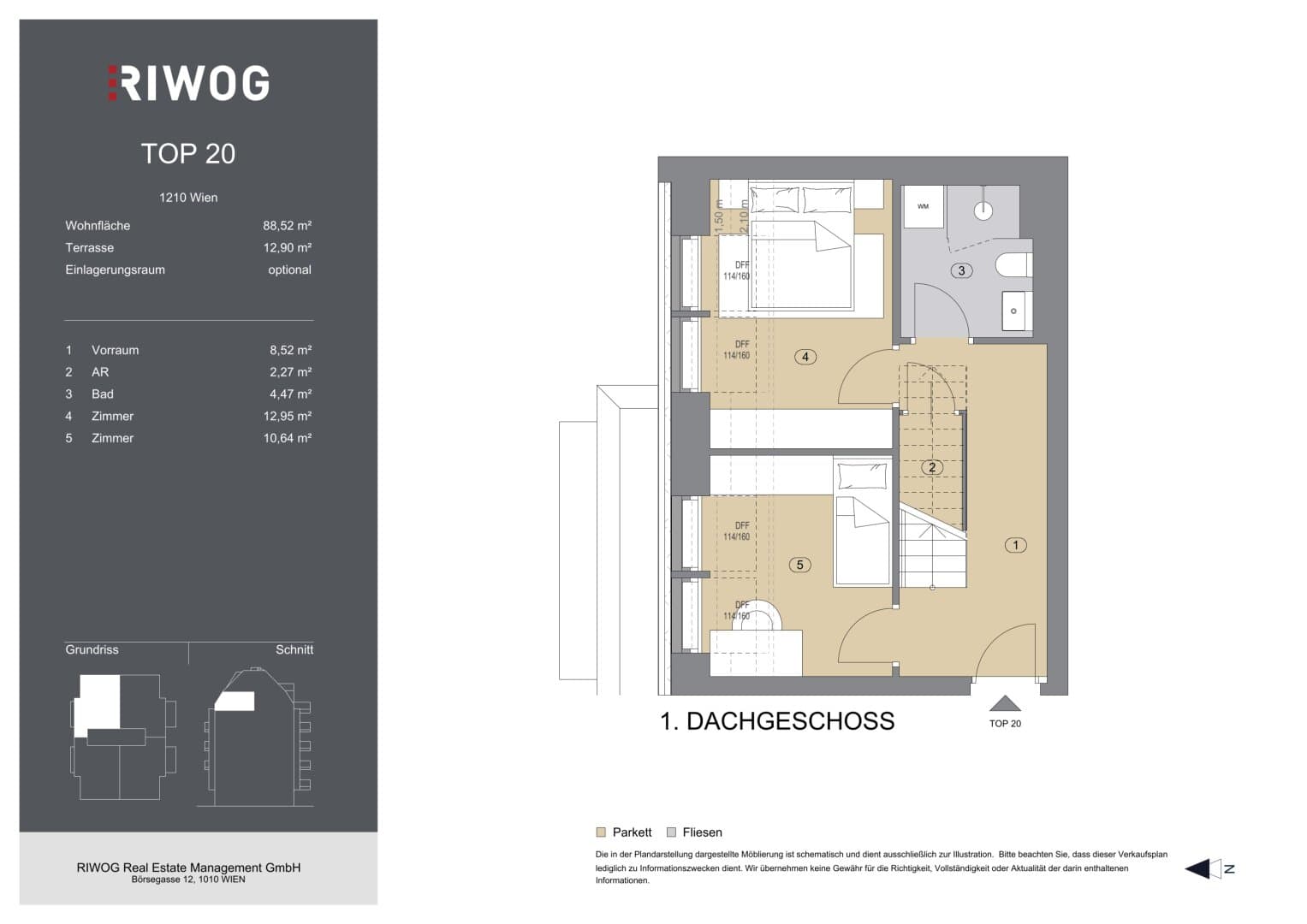 Grundriss Top 20 — Bahnsteggasse I — 3 Zimmer — 89 m² — 2nd attic floor — Terrasse — Grundriss 1/2