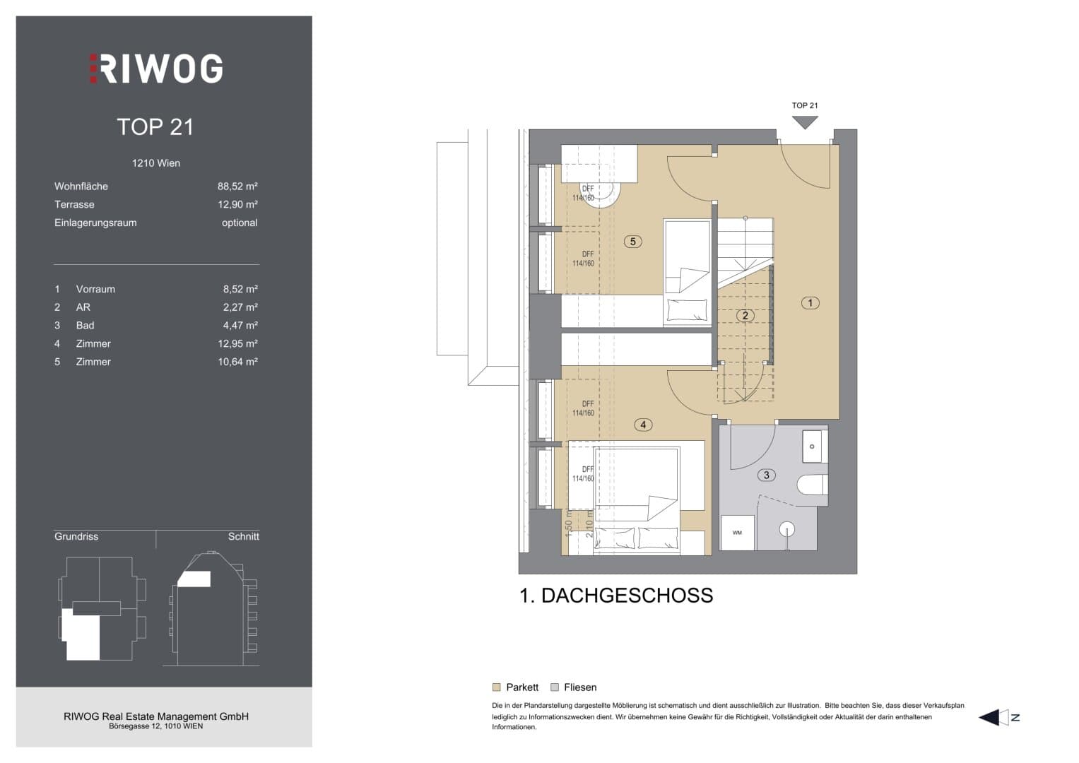 Grundriss Top 21 — Bahnsteggasse I — 3 Zimmer — 89 m² — 2nd attic floor — Terrasse — Grundriss 1/2