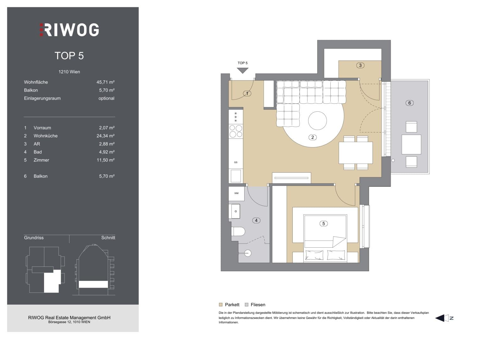 Grundriss Top 5 — Bahnsteggasse I — 2 Zimmer — 46 m² — 1st floor — Balkon
