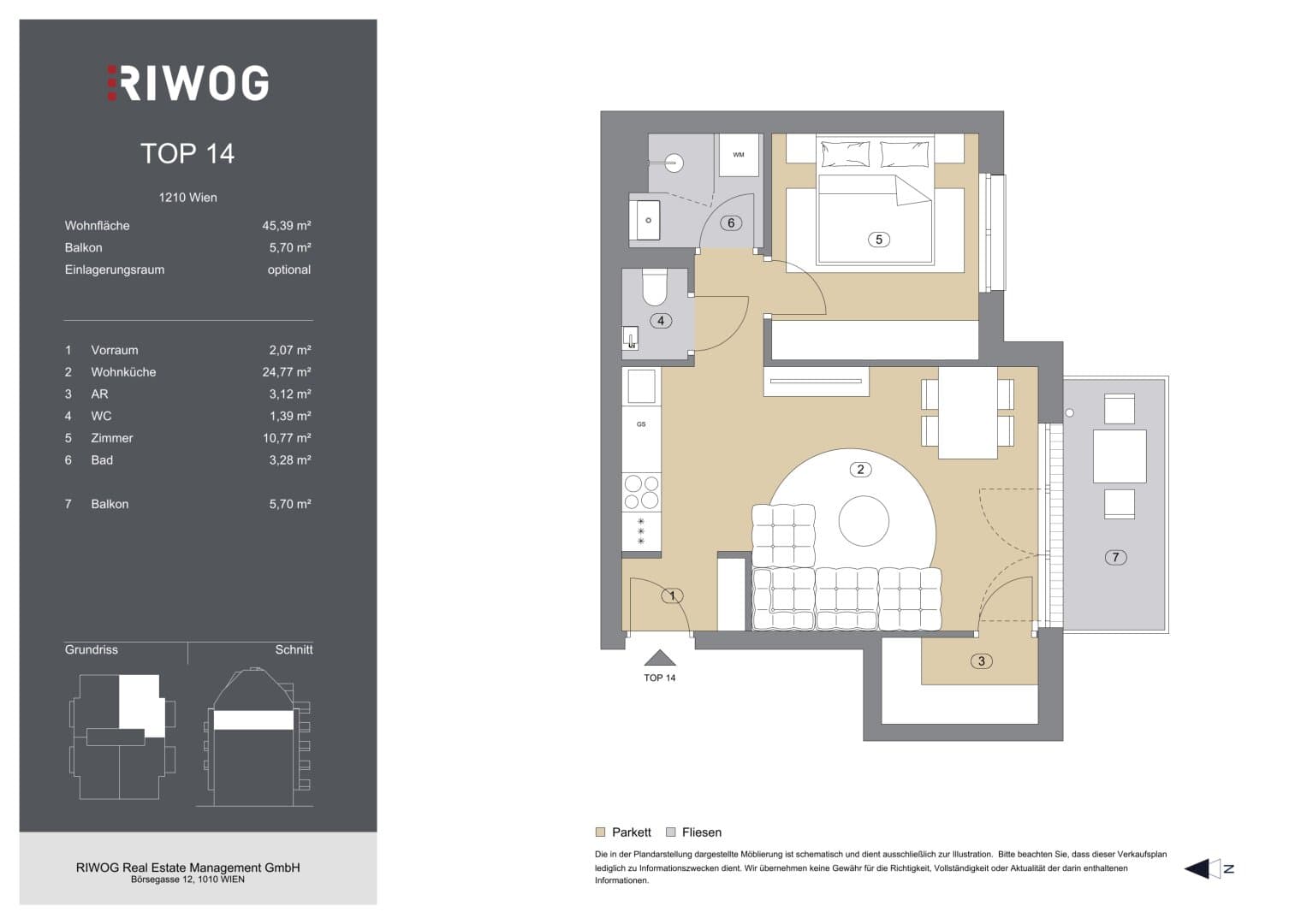 Grundriss Top 14 — Bahnsteggasse I — 2 Zimmer — 45 m² — 4th floor — Balkon
