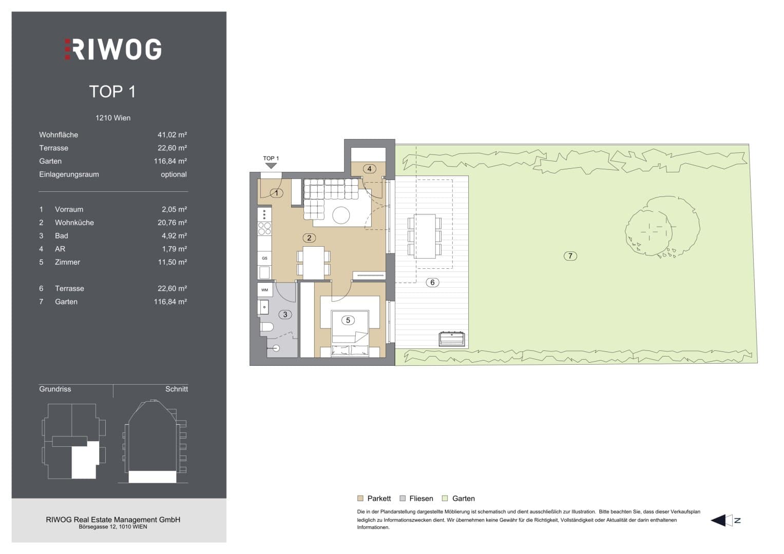 Grundriss Top 1 — Bahnsteggasse I — 2 Zimmer — 41 m² — Ground floor — Garten, Terrasse