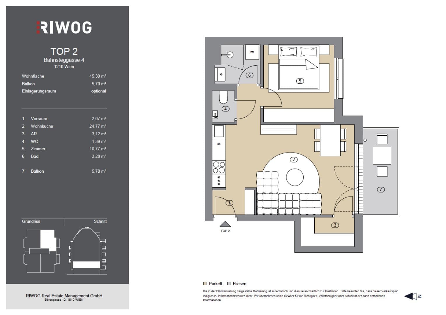 Grundriss Top 2 — Bahnsteggasse I — 2 Zimmer — 45 m² — 1st floor — Balkon