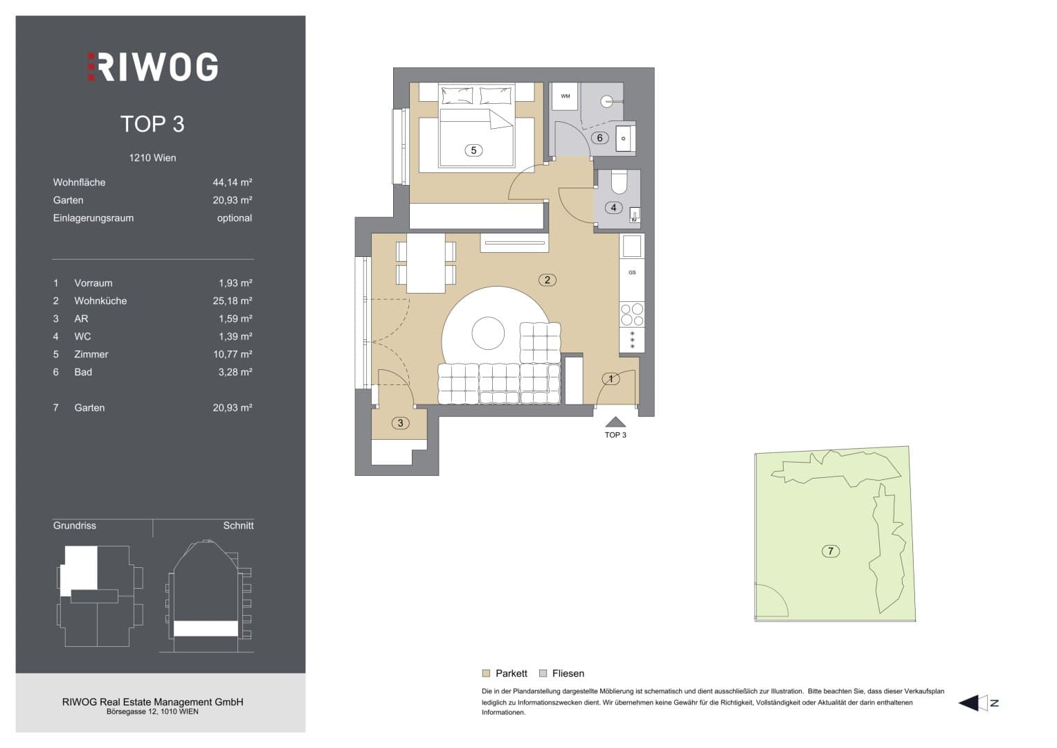 Grundriss Top 3 — Bahnsteggasse I — 2 Zimmer — 44 m² — 1st floor — Garten
