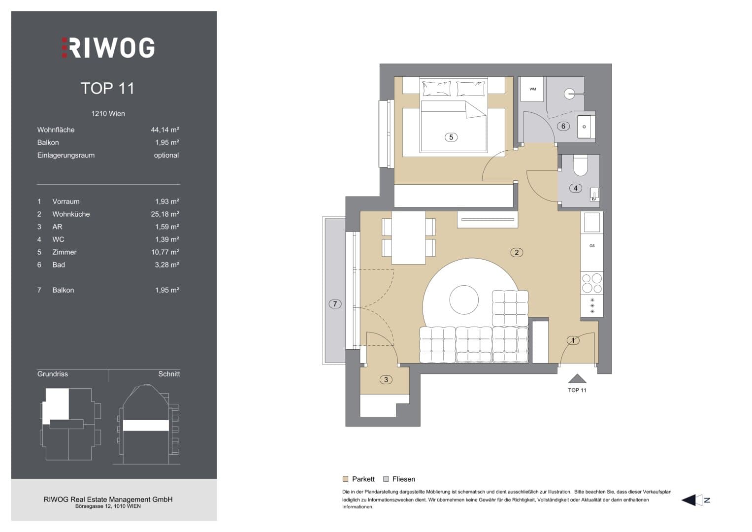 Grundriss Top 11 — Bahnsteggasse I — 2 Zimmer — 44 m² — 3rd floor — Balkon