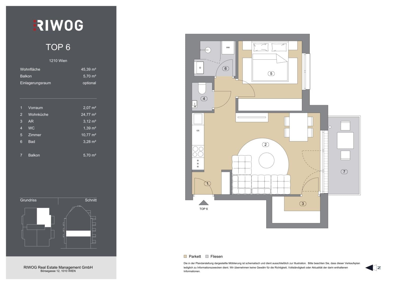 Grundriss Top 6 — Bahnsteggasse I — 2 Zimmer — 45 m² — 2nd floor — Balkon