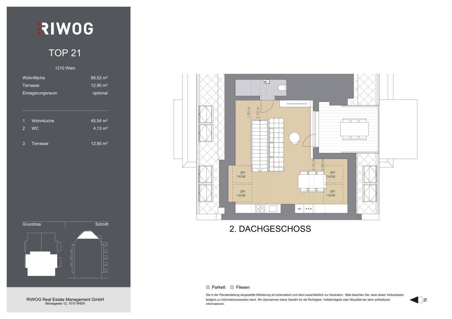 Grundriss Top 21 — Bahnsteggasse I — 3 Zimmer — 89 m² — 2nd attic floor — Terrasse — Grundriss 2/2