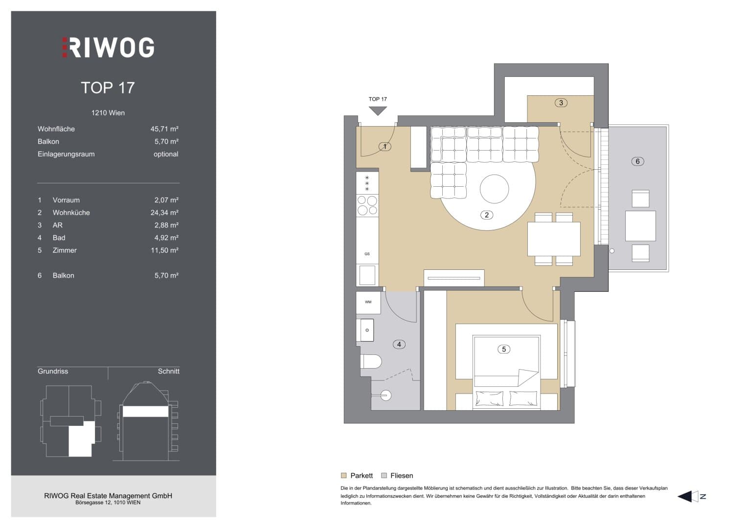 Grundriss Top 17 — Bahnsteggasse I — 2 Zimmer — 46 m² — 4th floor — Balkon