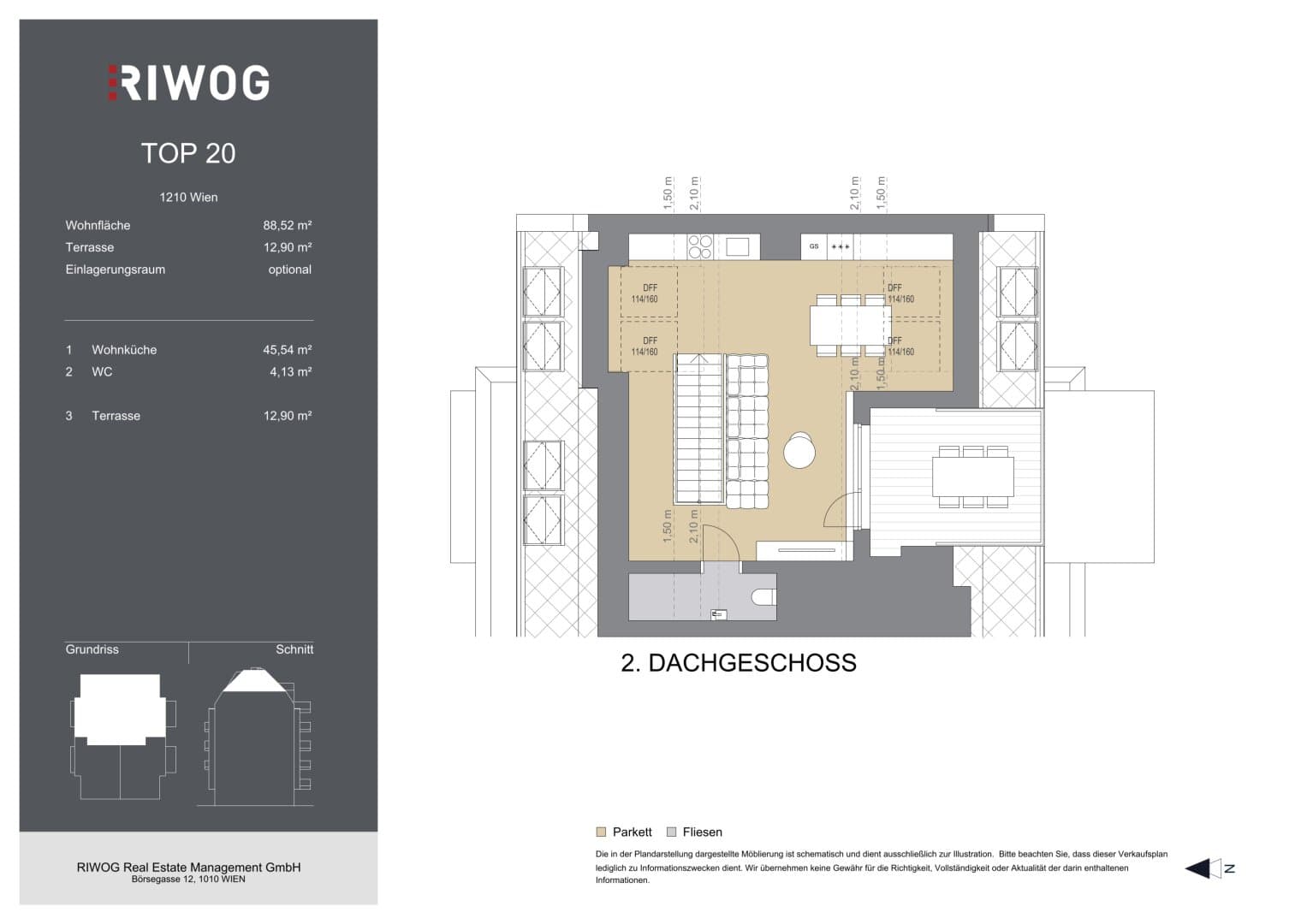 Grundriss Top 20 — Bahnsteggasse I — 3 Zimmer — 89 m² — 2nd attic floor — Terrasse — Grundriss 2/2