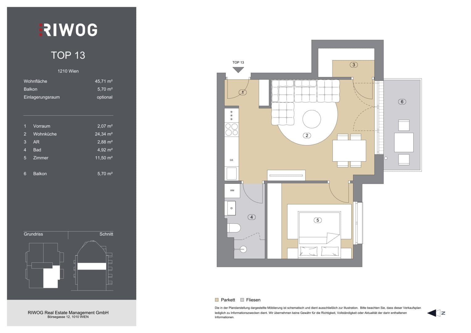 Grundriss Top 13 — Bahnsteggasse I — 2 Zimmer — 46 m² — 3rd floor — Balkon