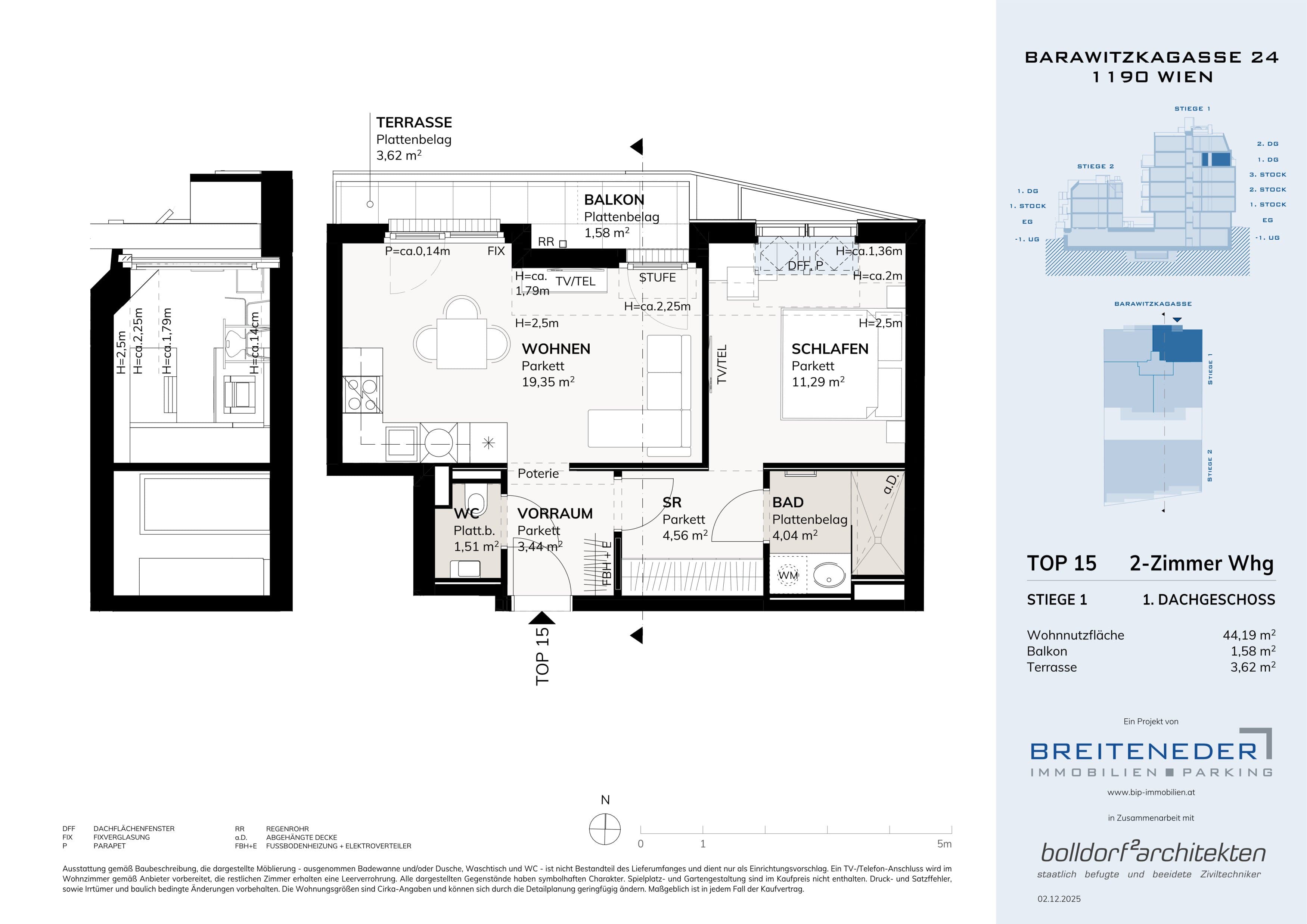 Grundriss Top 1. DG 61,1m2 — Barawitzkagasse 24 — 3 Zimmer — 61,1 m² — 1st attic floor