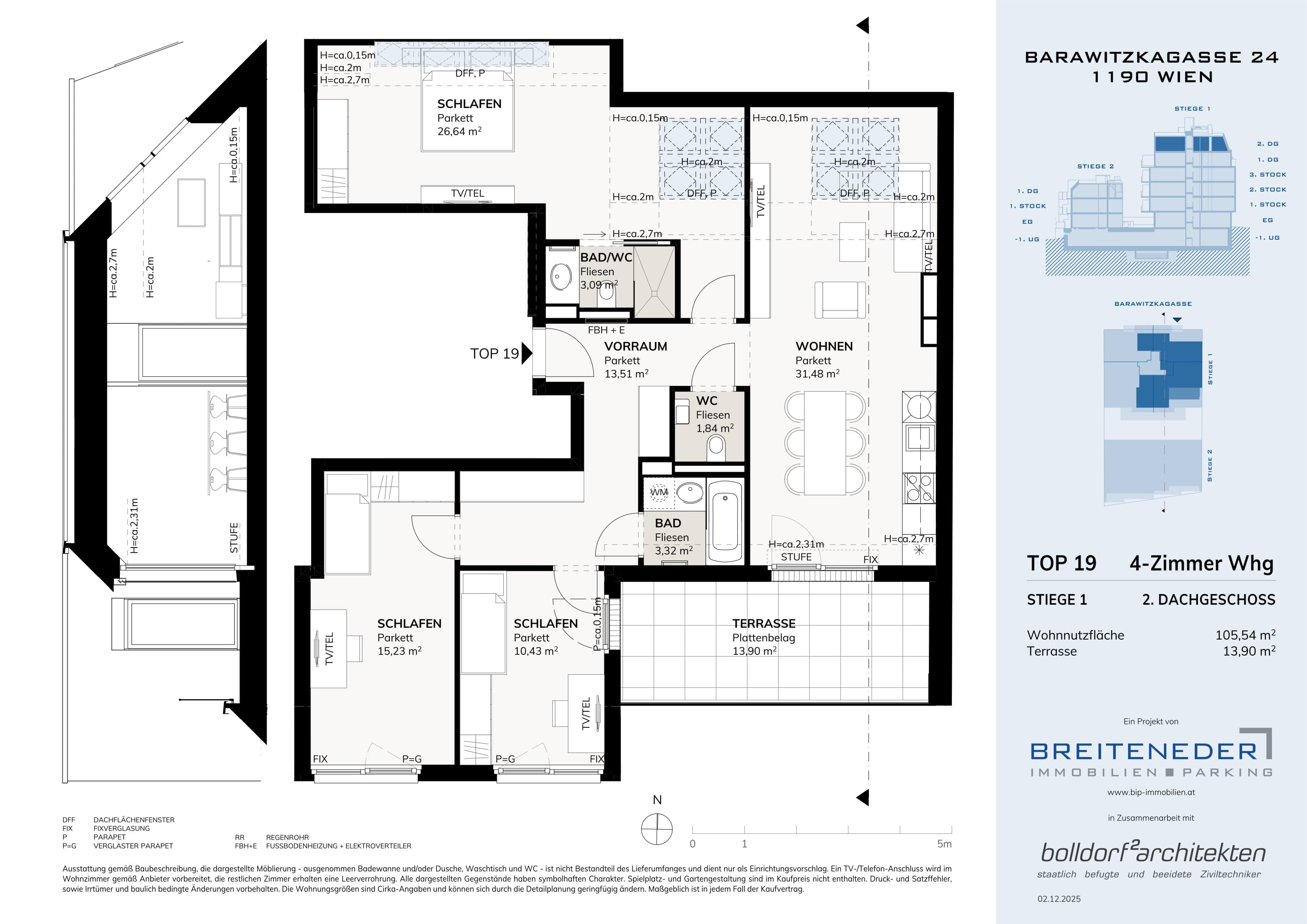 Grundriss Top 2. DG 105,54m2 — Barawitzkagasse 24 — 4 Zimmer — 105,5 m² — 2nd attic floor — Grundriss 3/4