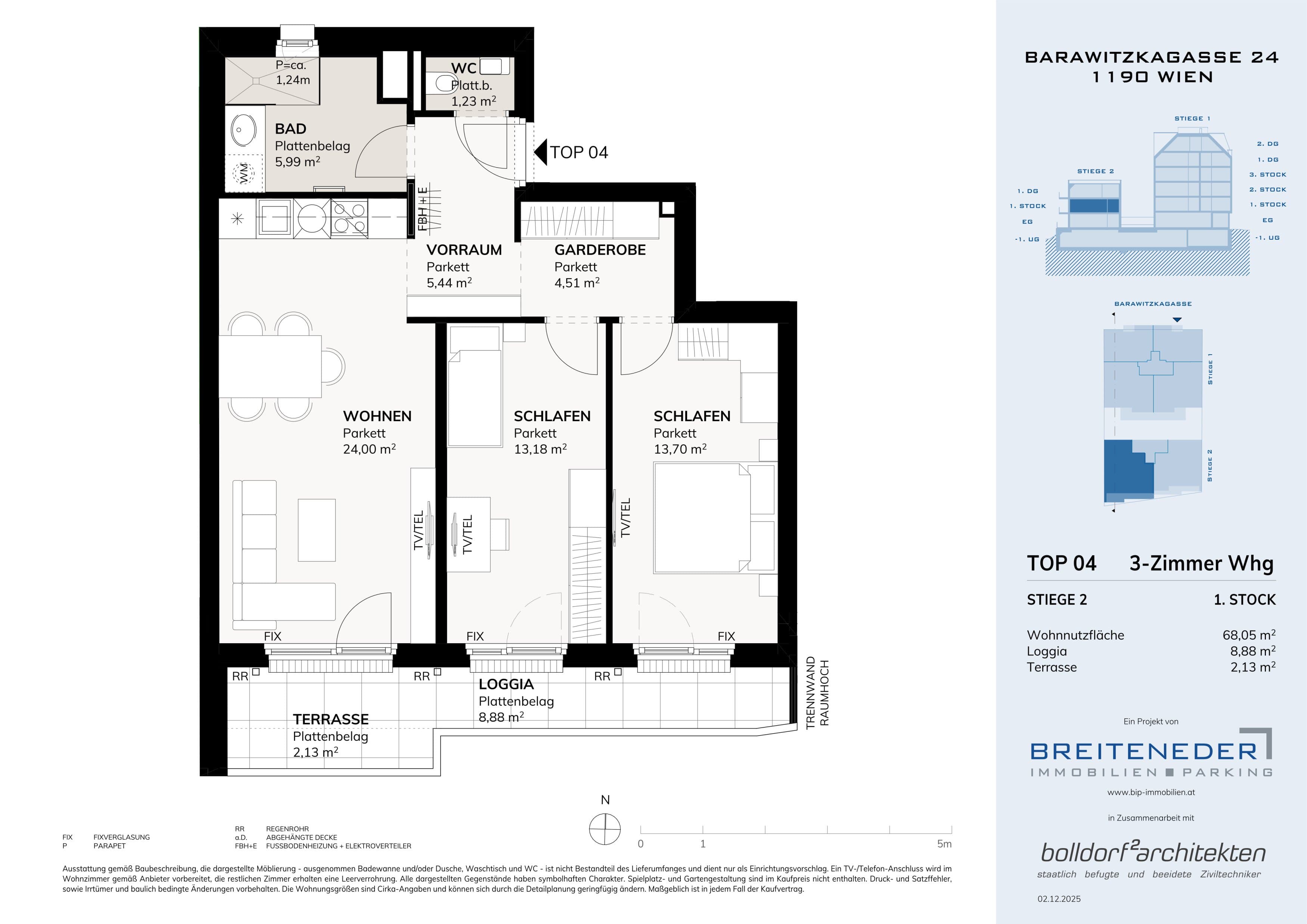 Grundriss Top 1. Etage 68,05m2 — Barawitzkagasse 24 — 3 Zimmer — 68,1 m² — 1st floor