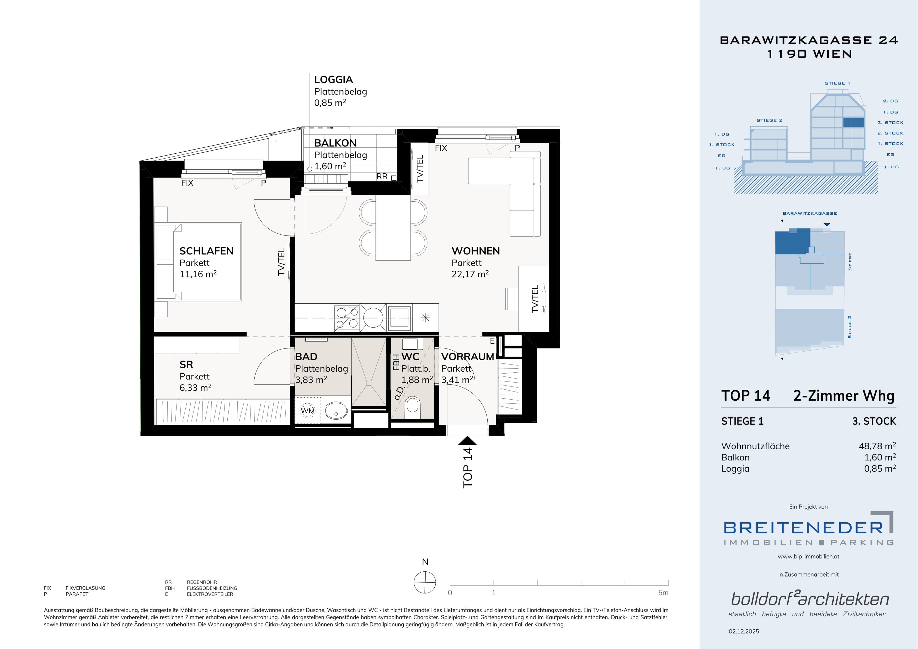 Grundriss 3. Etage 4 — Barawitzkagasse 24 — 2 Zimmer — 48,8 m² — 3rd floor
