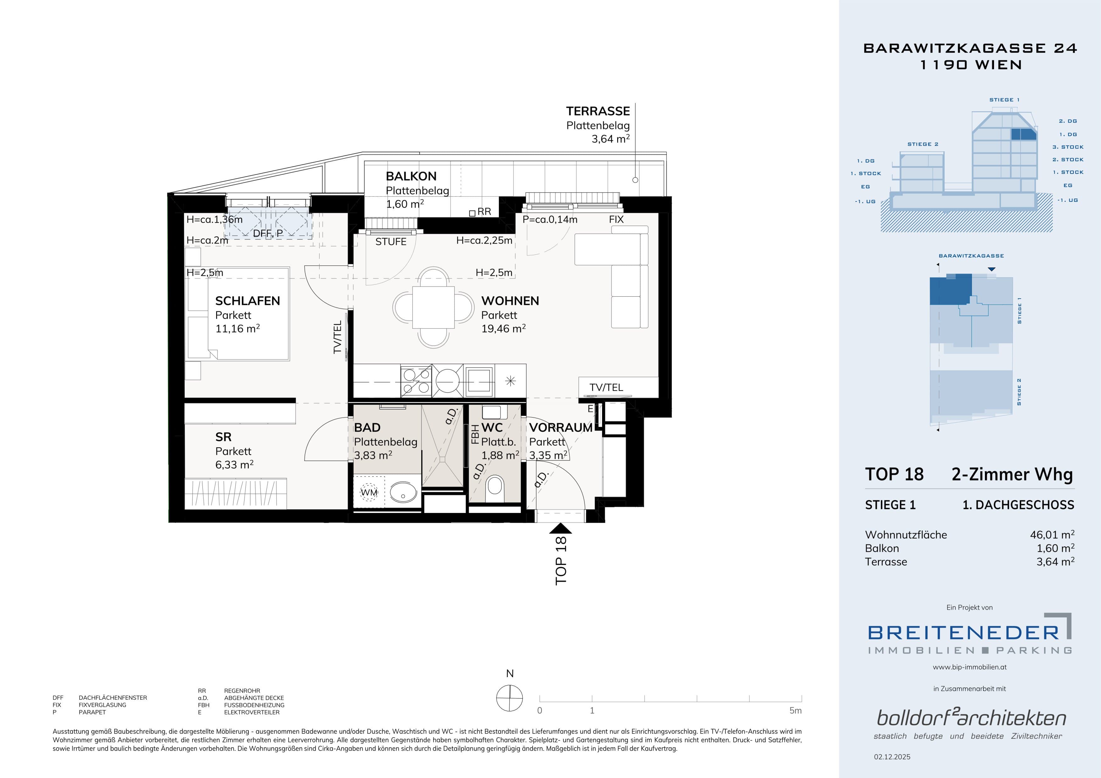 Grundriss Top 1. DG 46,01m2 — Barawitzkagasse 24 — 2 Zimmer — 46 m² — 1st attic floor