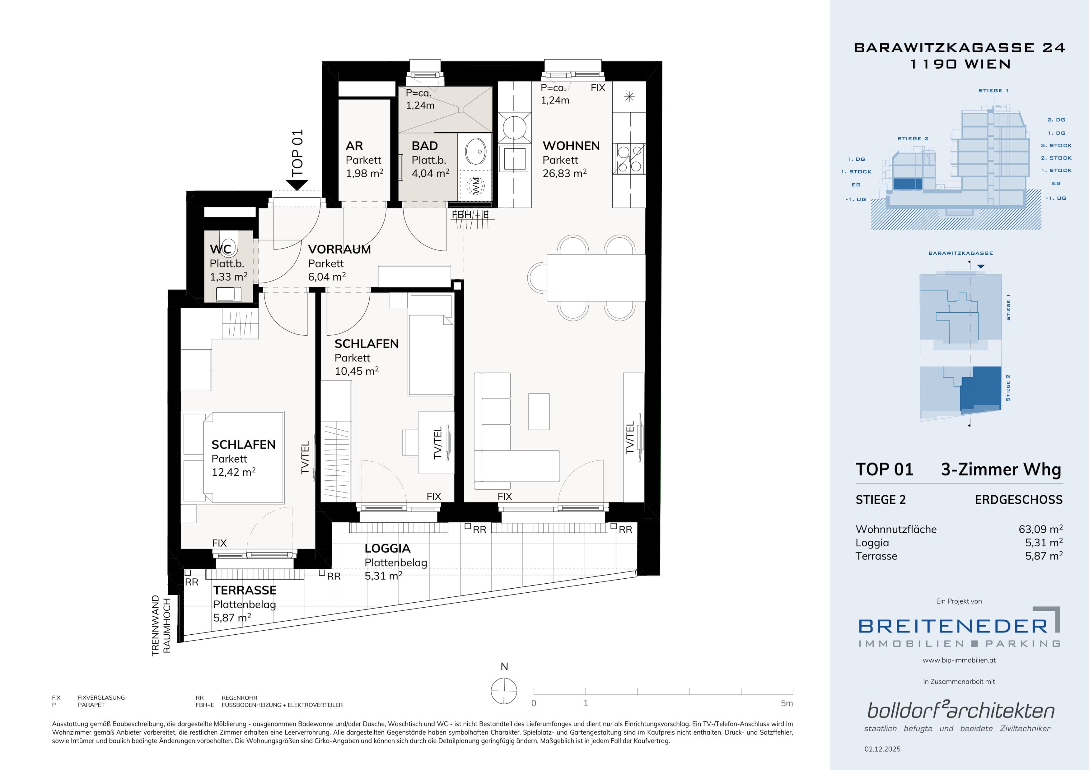 Grundriss Top EG 63,09m2 — Barawitzkagasse 24 — 3 Zimmer — 63,1 m² — Ground floor