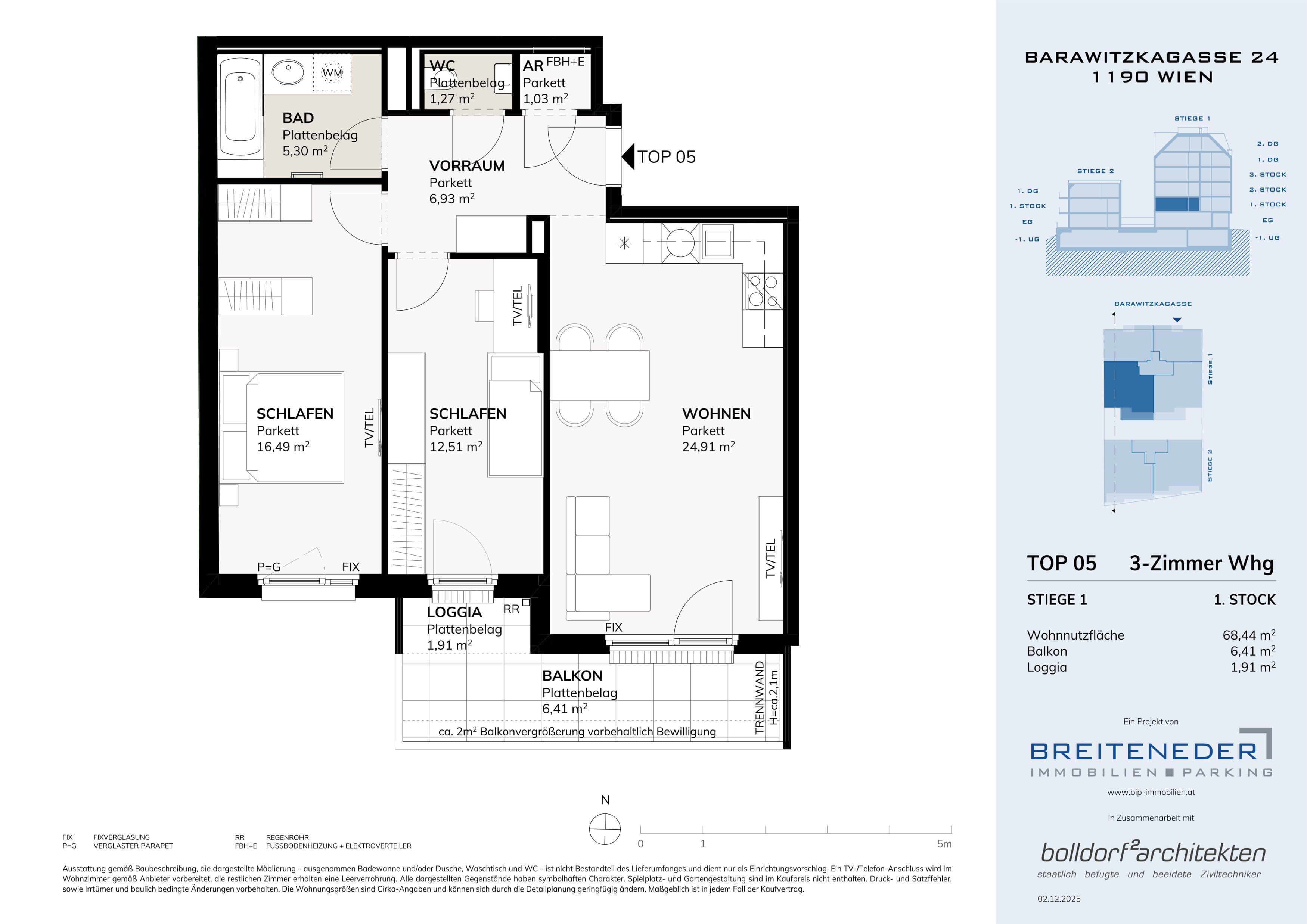Grundriss Top 3. Etage 68,44m2 — Barawitzkagasse 24 — 3 Zimmer — 68,4 m² — 3rd floor