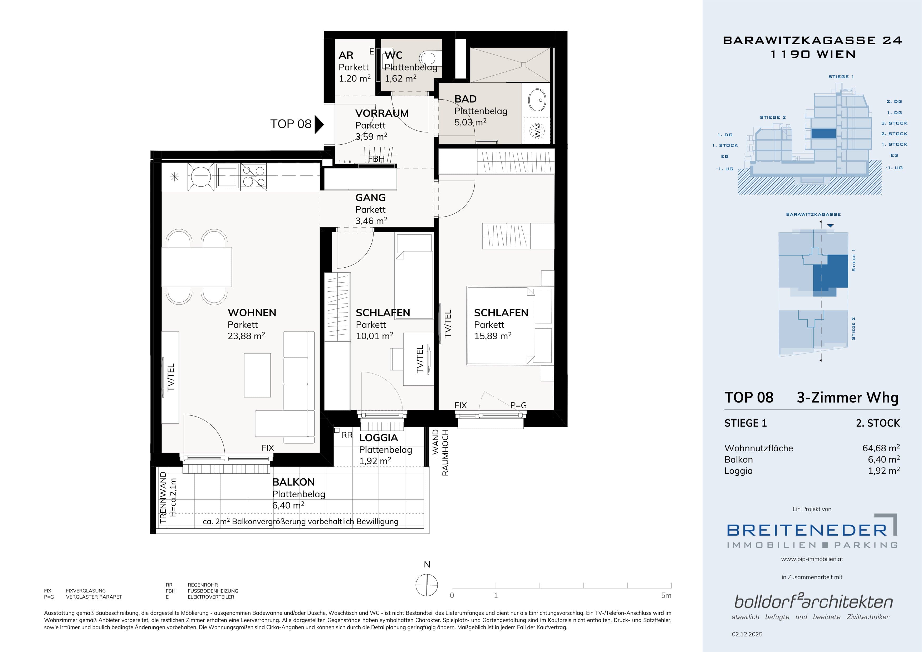 Grundriss Top 1. DG 64,81m2 — Barawitzkagasse 24 — 3 Zimmer — 64,8 m² — 1st attic floor