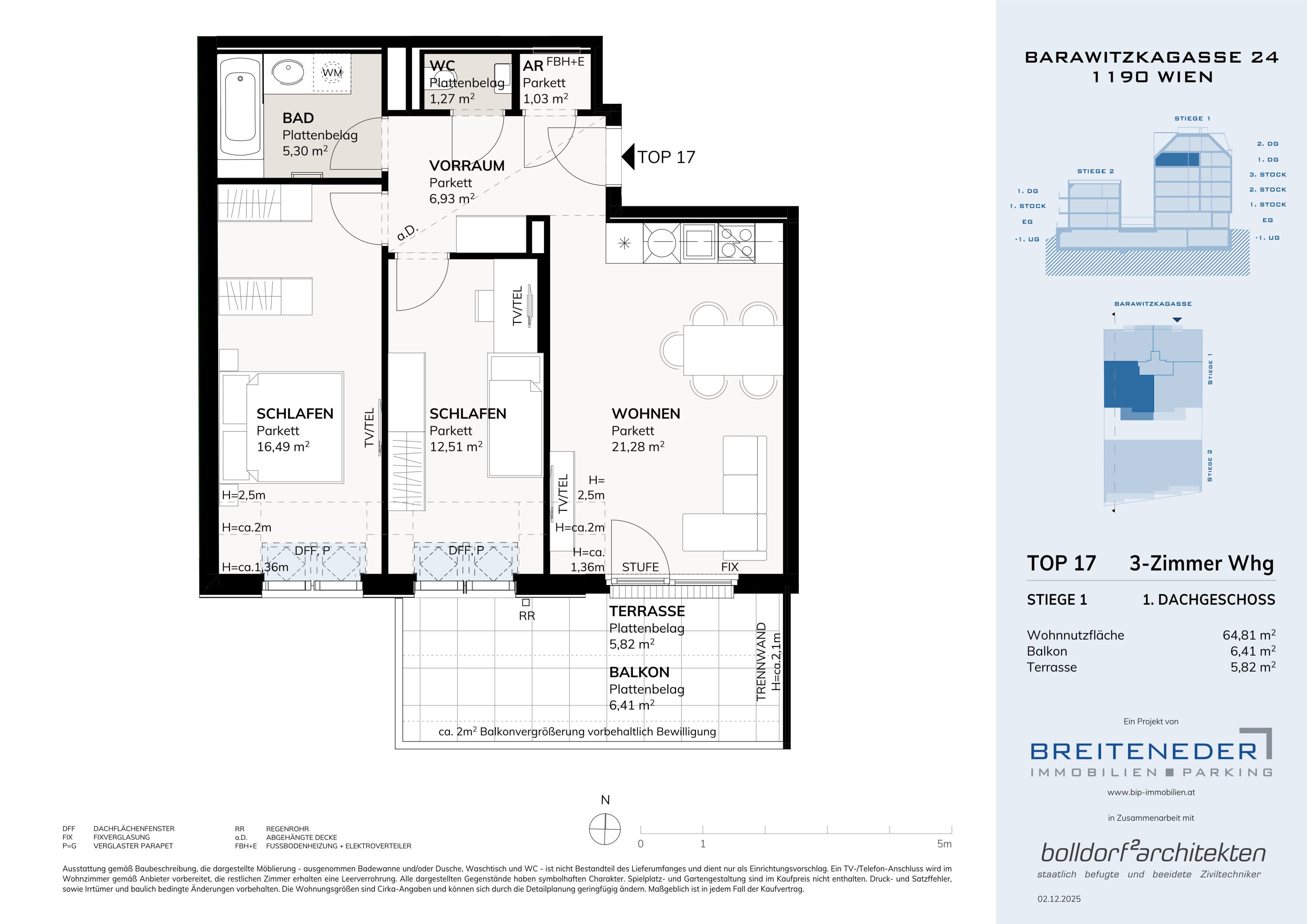 Grundriss 1. DG 5 — Barawitzkagasse 24 — 3 Zimmer — 64,8 m² — 1st attic floor