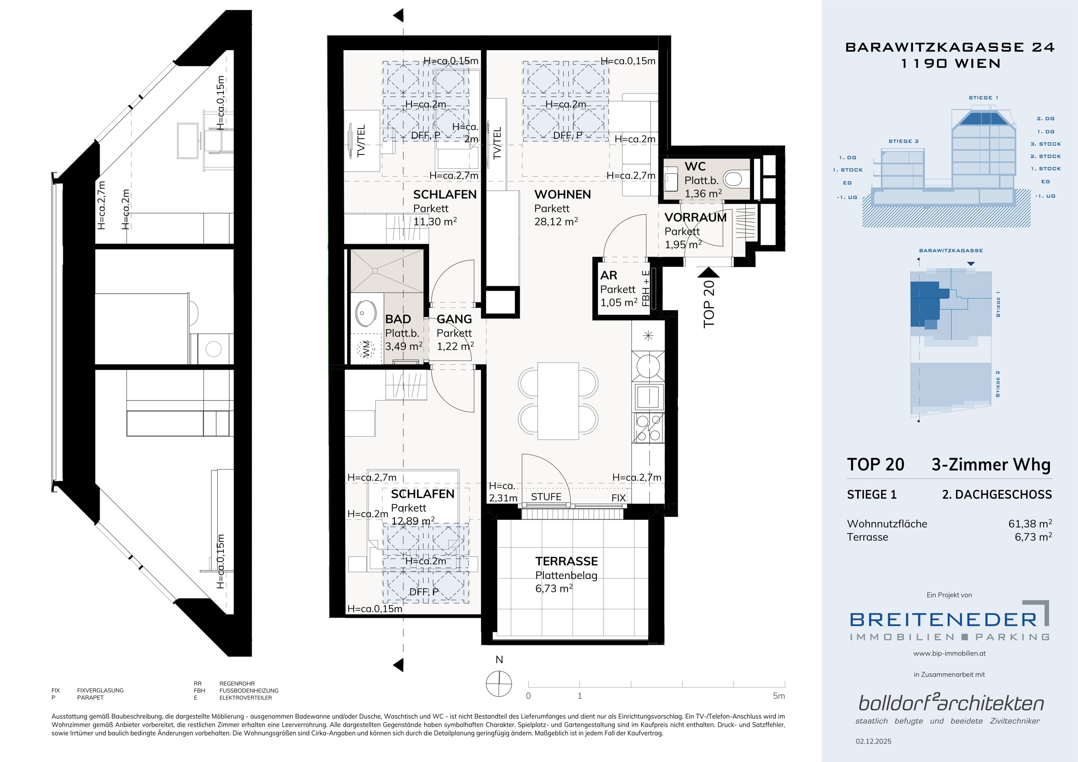 Grundriss Top 2. DG 105,54m2 — Barawitzkagasse 24 — 4 Zimmer — 105,5 m² — 2nd attic floor — Grundriss 4/4