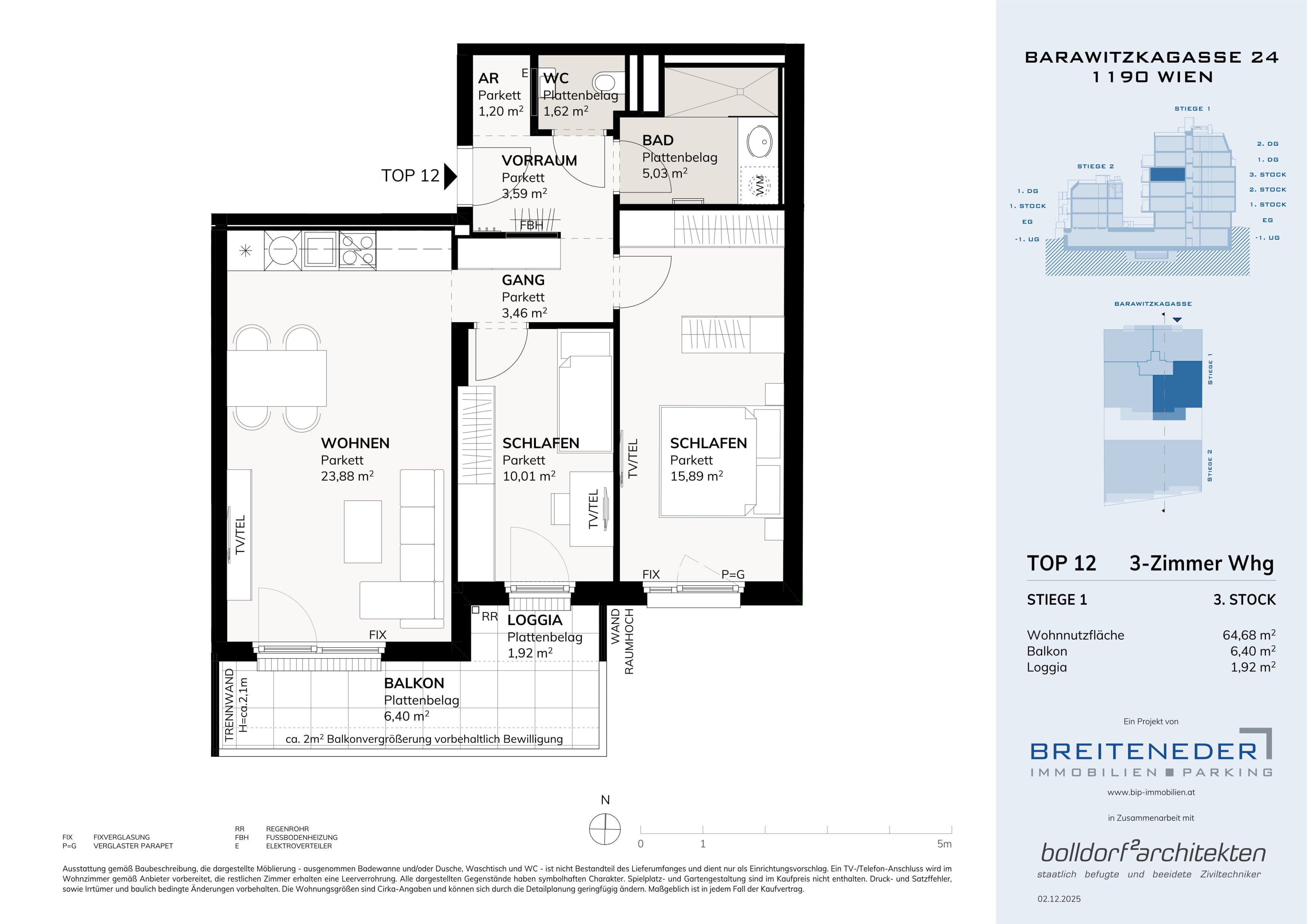 Grundriss 3. Etage 2 — Barawitzkagasse 24 — 3 Zimmer — 64,7 m² — 3rd floor