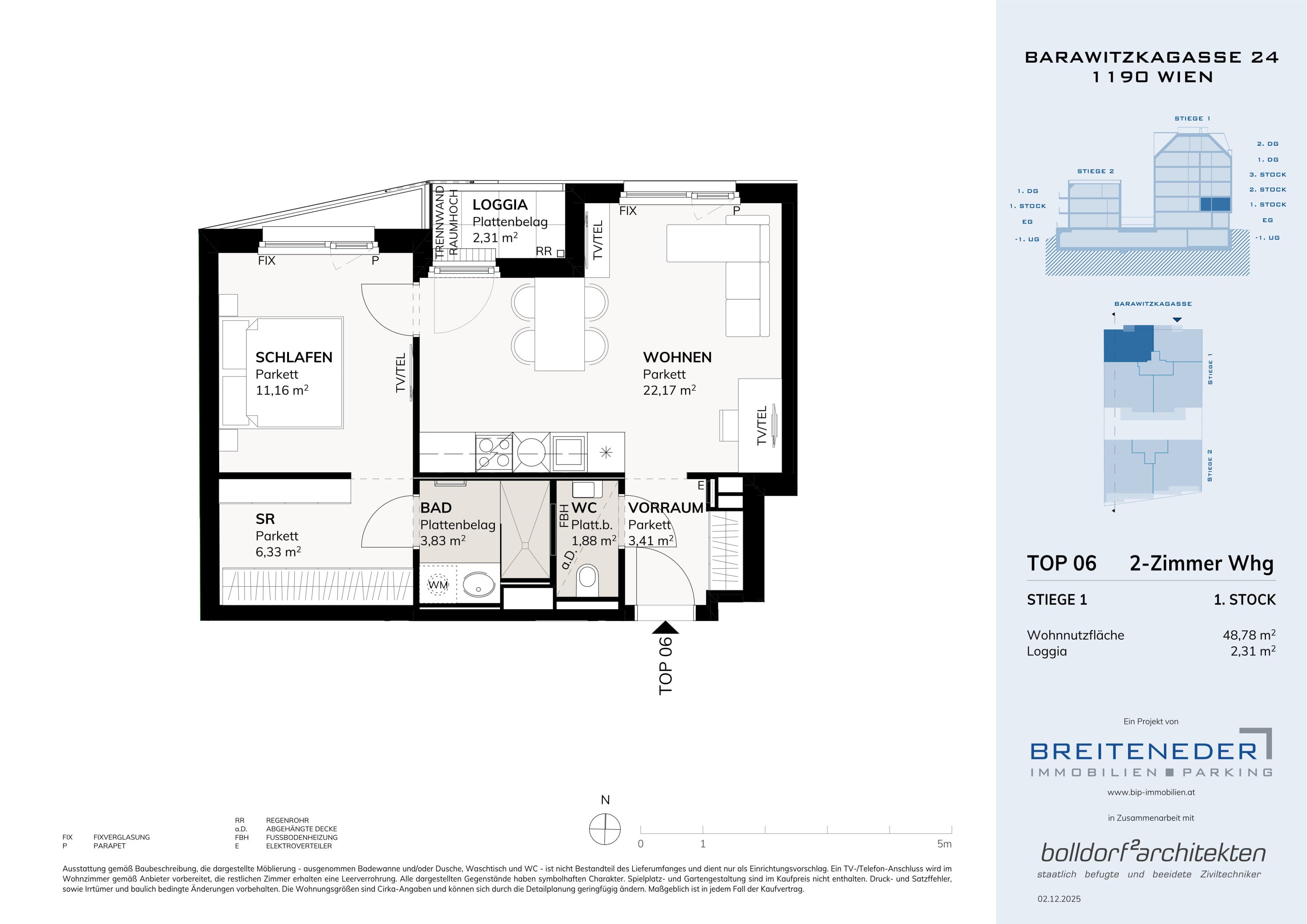 Grundriss Top 1. Etage 63,15m2 — Barawitzkagasse 24 — 3 Zimmer — 63,2 m² — 1st floor