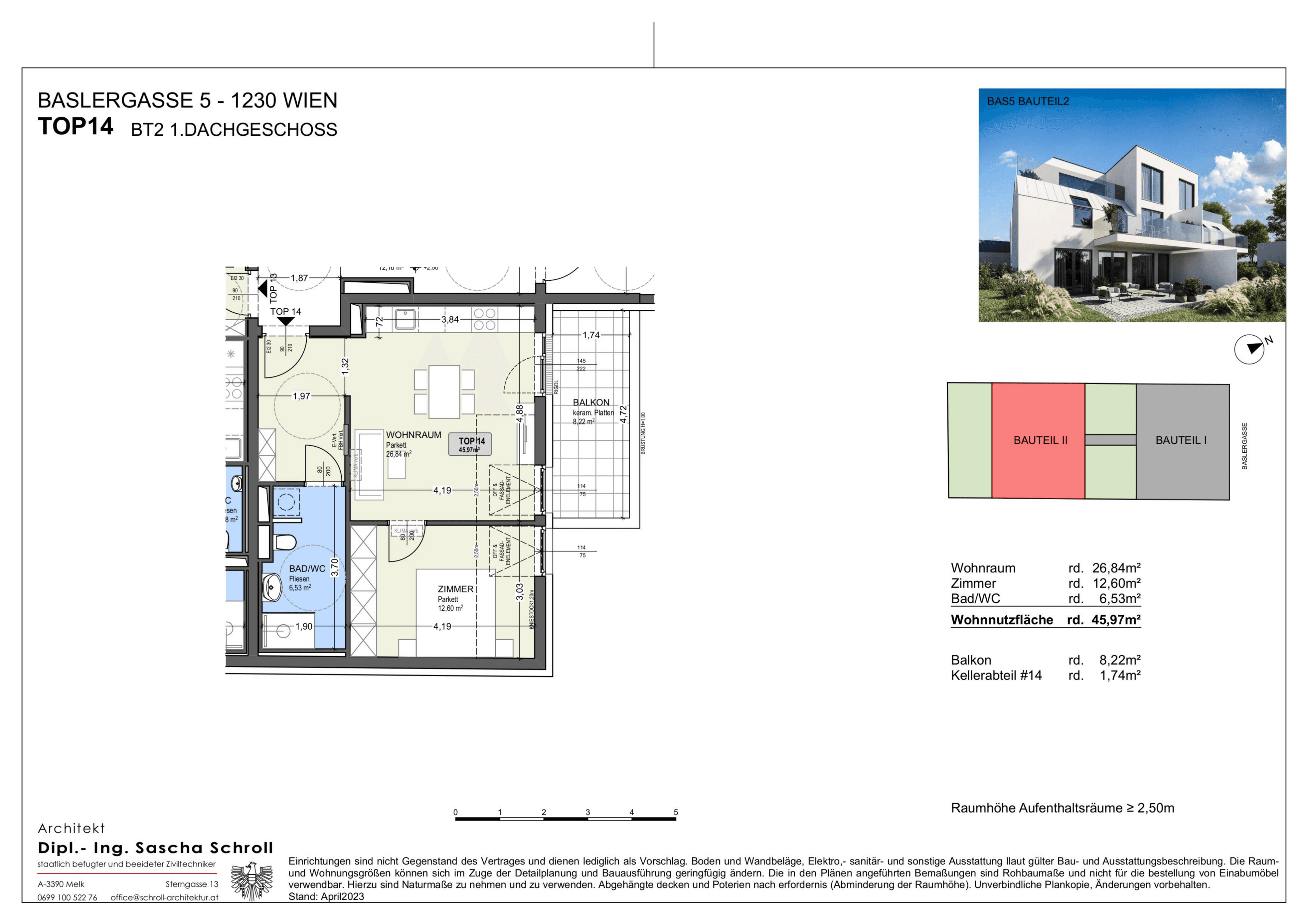 Grundriss Top 14 — Basler Gasse 5 — 2 Zimmer — 46 m² — 1st attic floor
