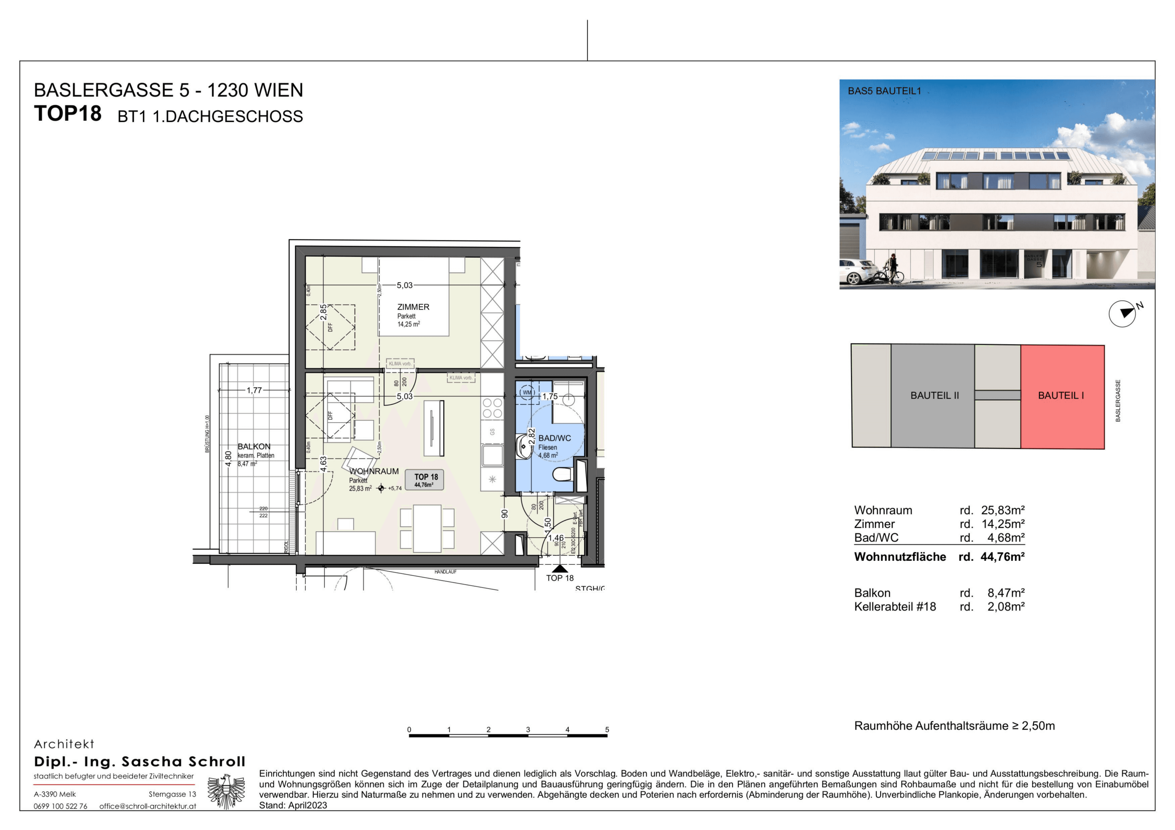 Grundriss Top 18 — Basler Gasse 5 — 2 Zimmer — 44,8 m² — 1st attic floor