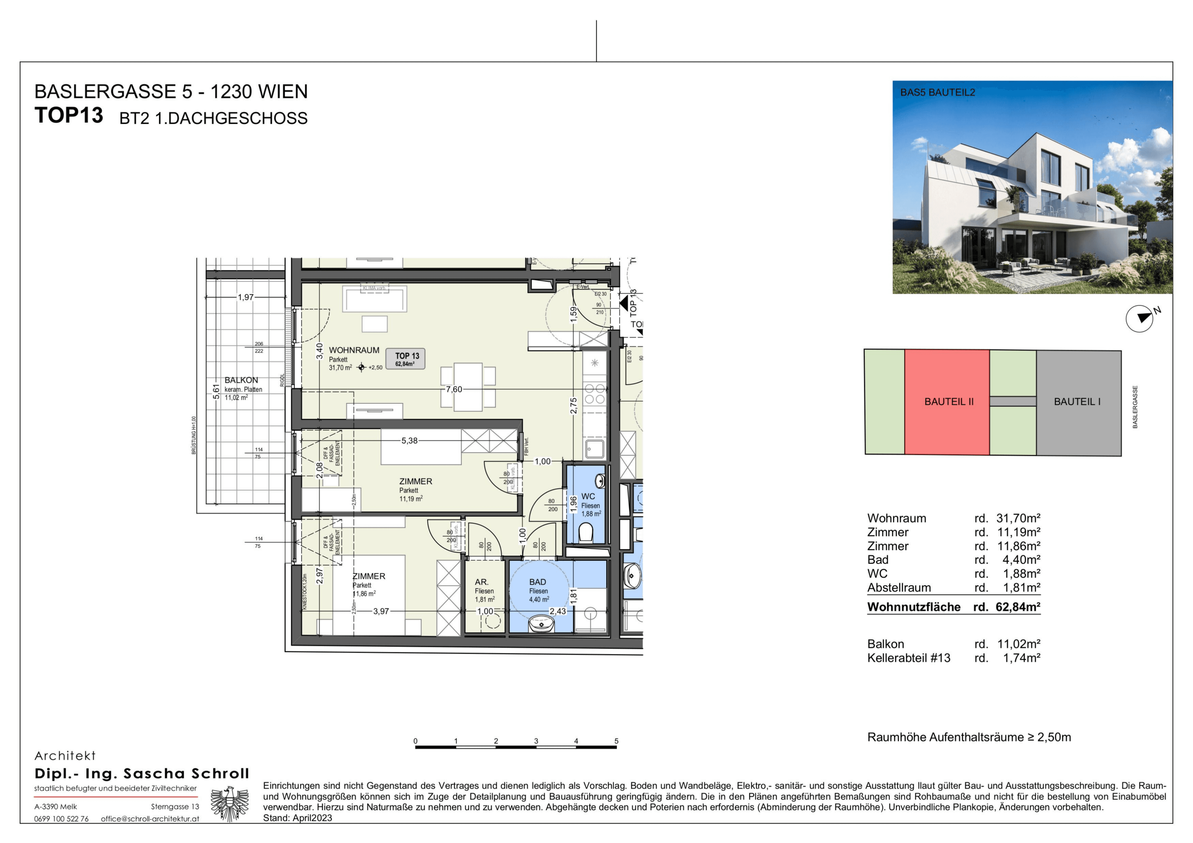 Grundriss Top 13 — Basler Gasse 5 — 3 Zimmer — 62,8 m² — 1st attic floor