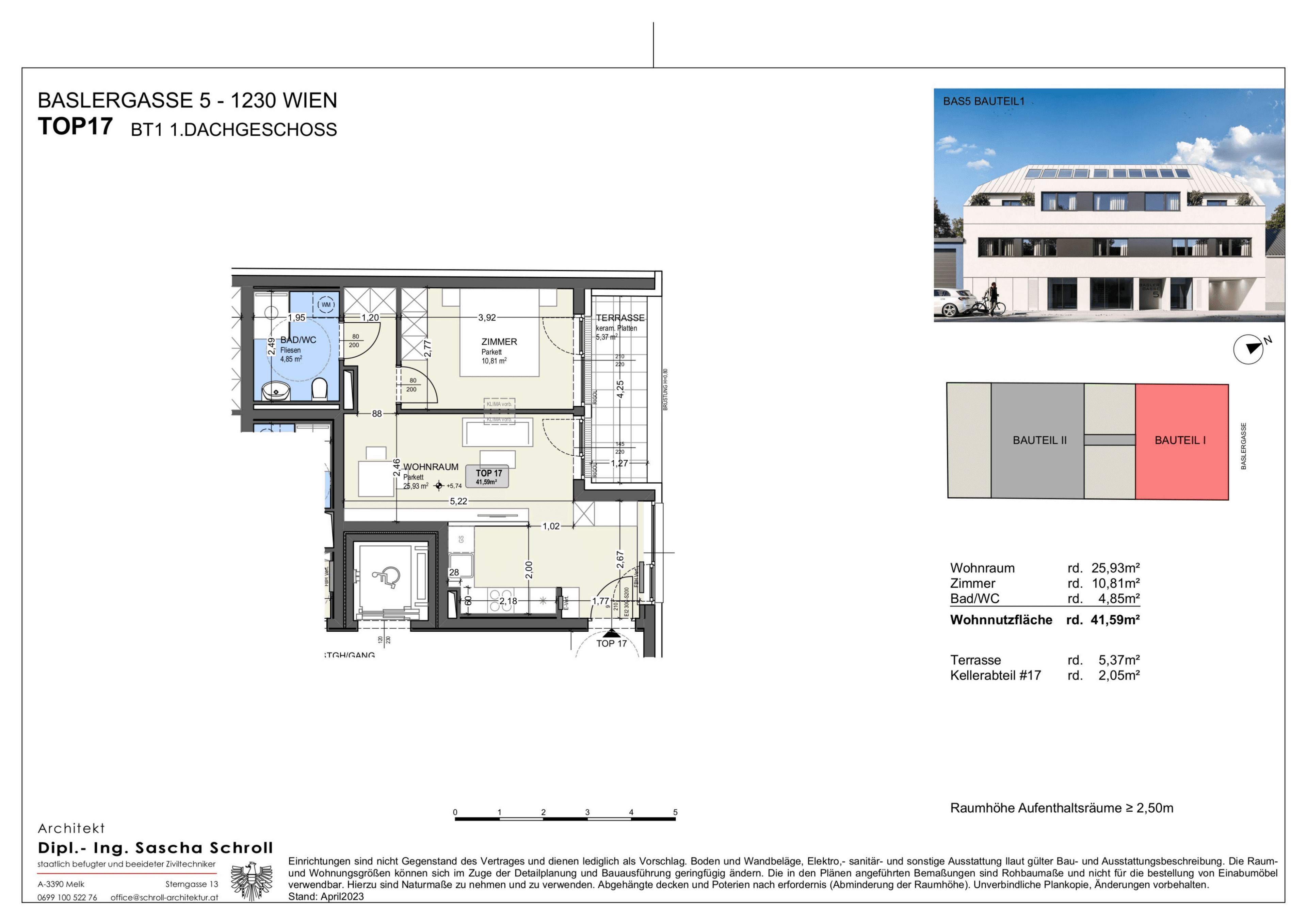 Grundriss Top 17 — Basler Gasse 5 — 3 Zimmer — 41,6 m² — 1st attic floor