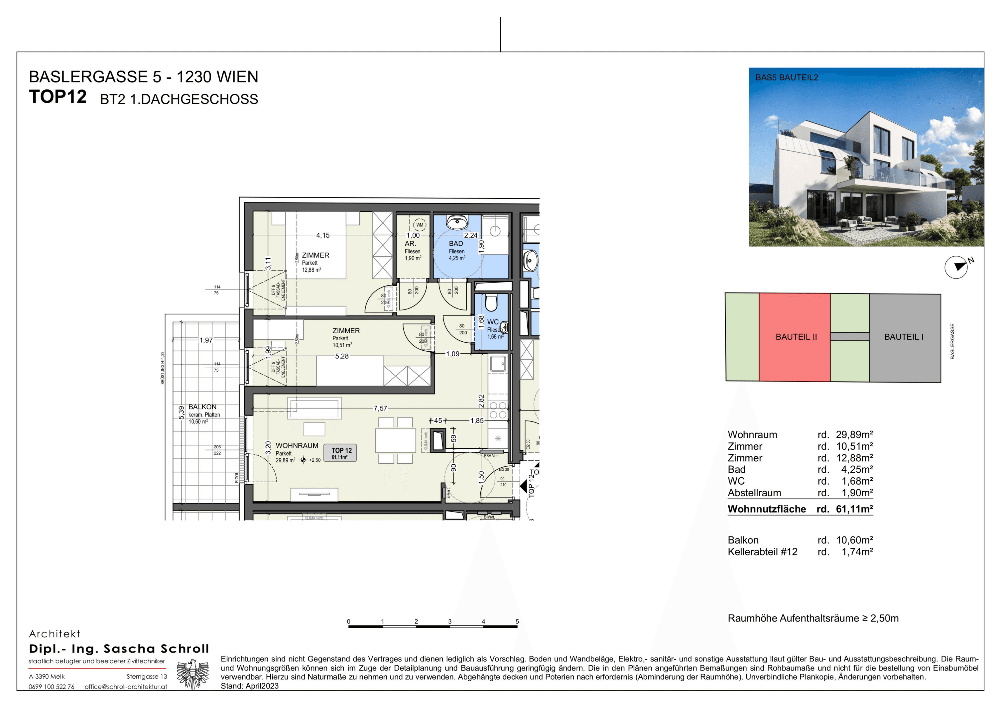 Grundriss Top 12 — Basler Gasse 5 — 3 Zimmer — 61,1 m² — 1st attic floor