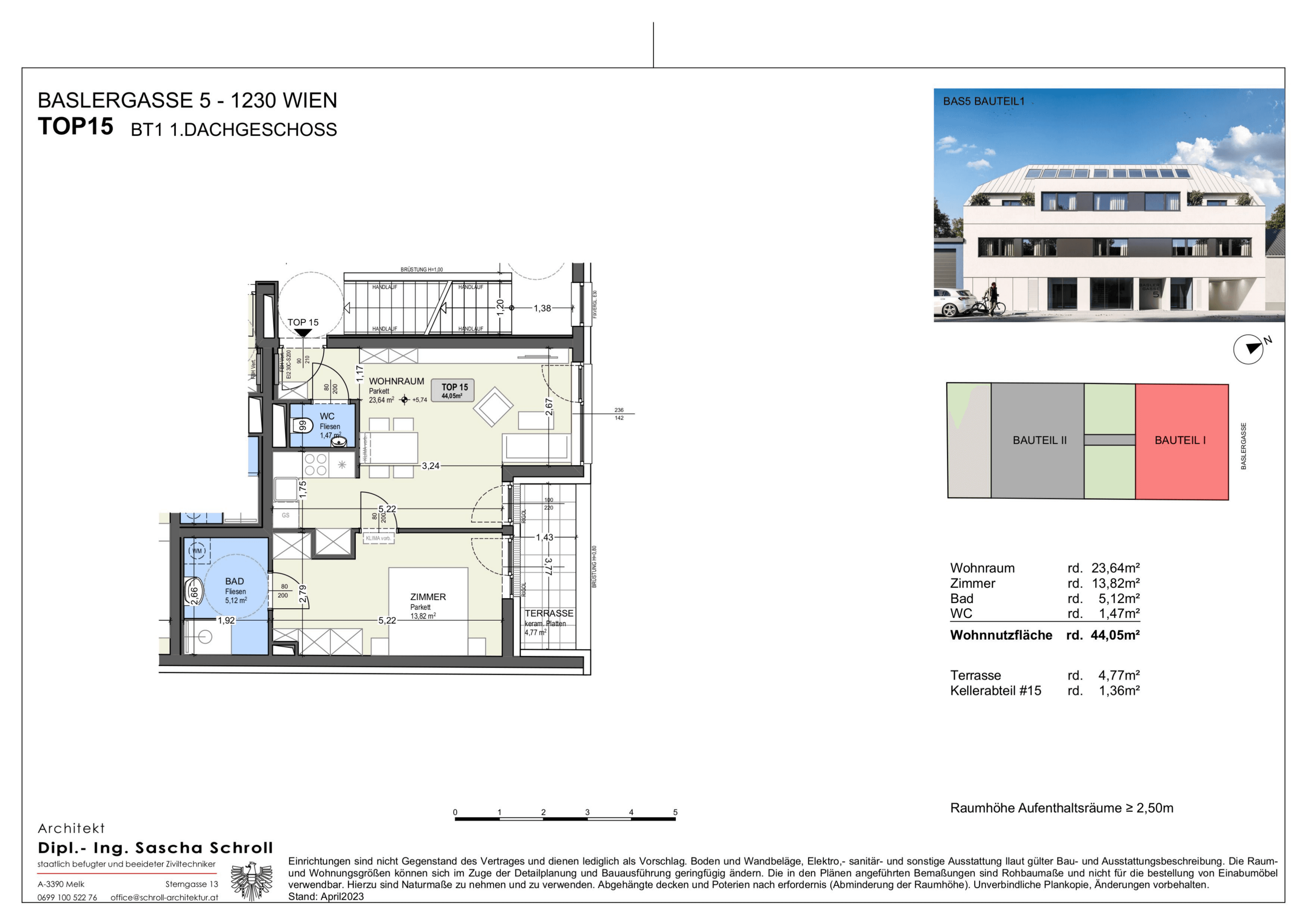 Grundriss Top 15 — Basler Gasse 5 — 2 Zimmer — 44,1 m² — 1st attic floor