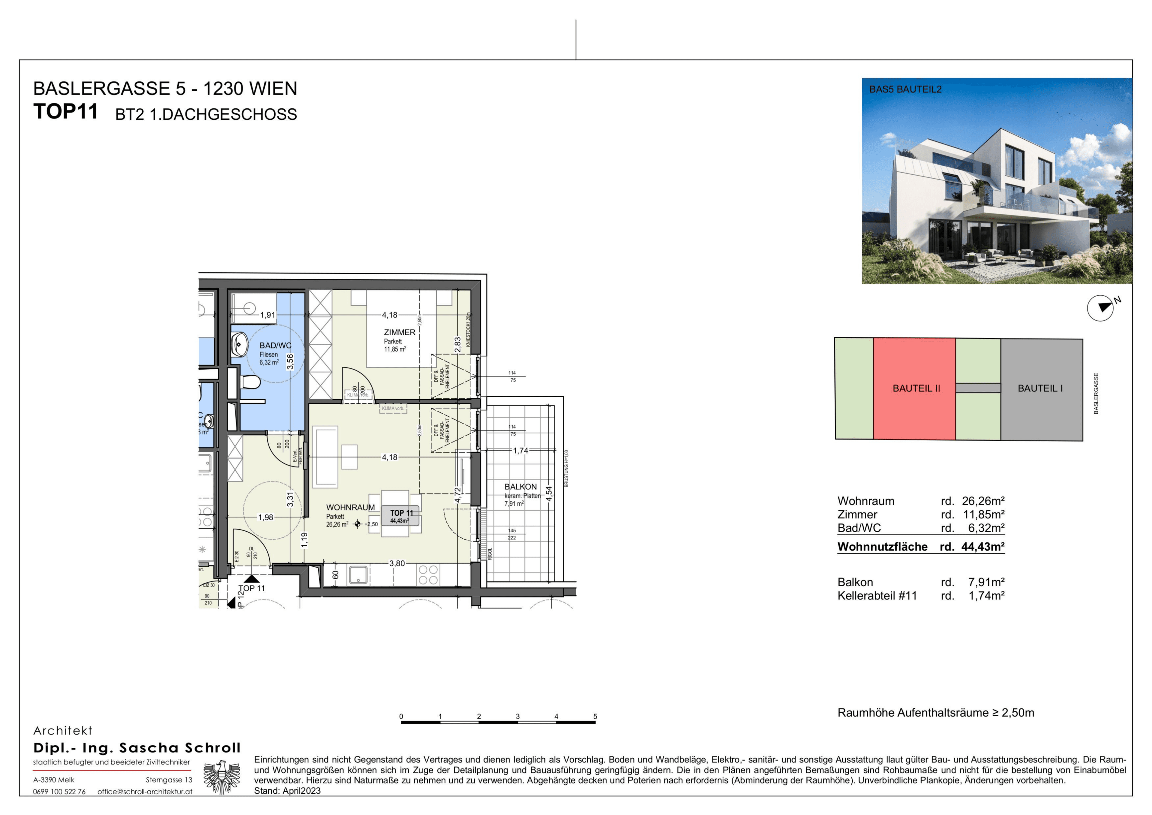 Grundriss Top 11 — Basler Gasse 5 — 2 Zimmer — 44,4 m² — 1st attic floor