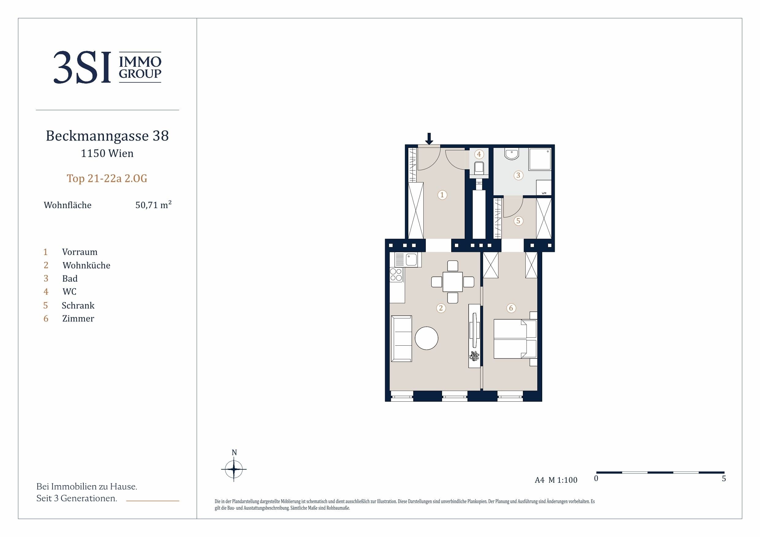 Grundriss Top 21-22a — Beckmanngasse 38 — 2 Zimmer — 50,7 m² — 2nd floor