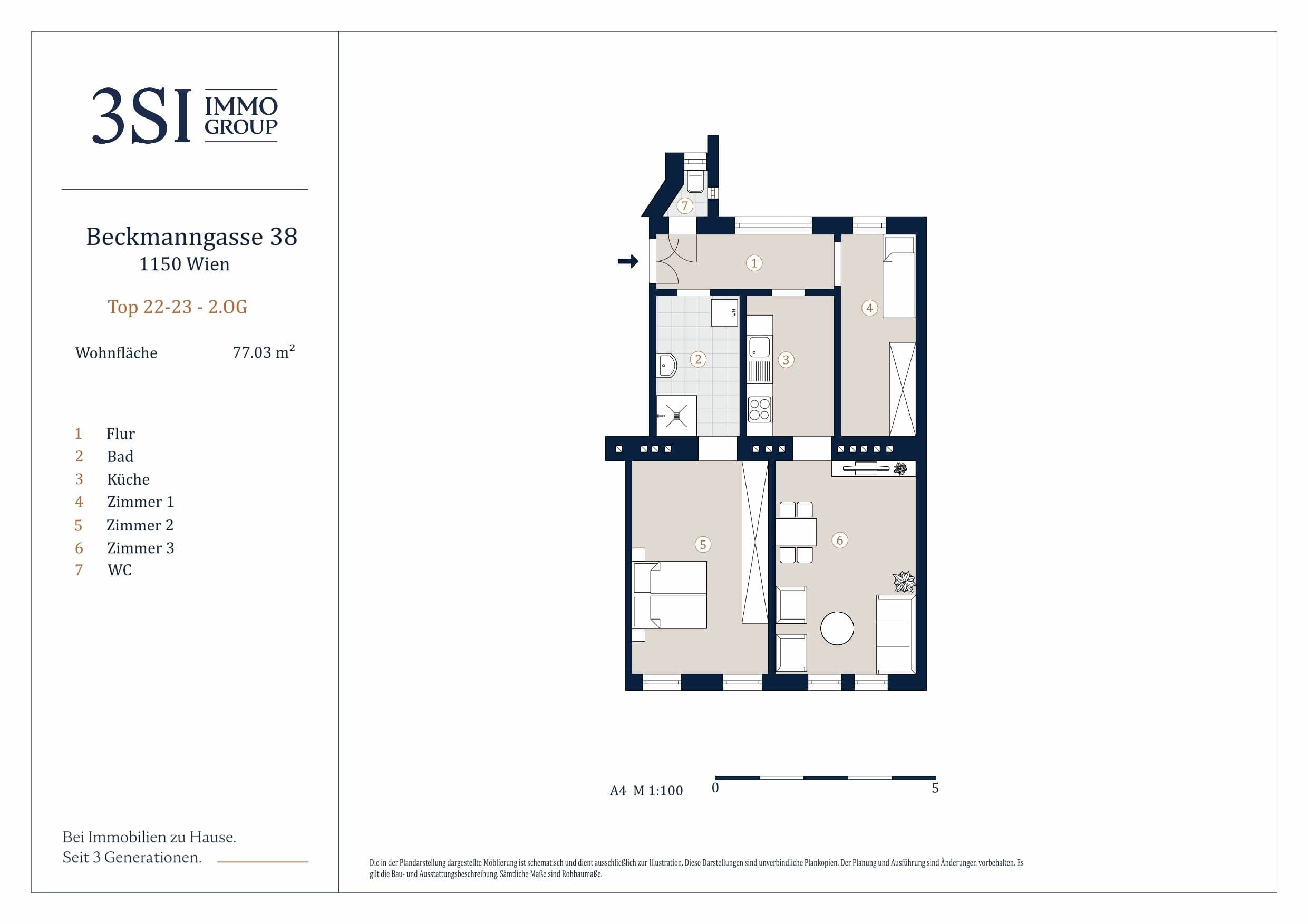 Grundriss Top 22-23 — Beckmanngasse 38 — 3 Zimmer — 77 m² — 2nd floor
