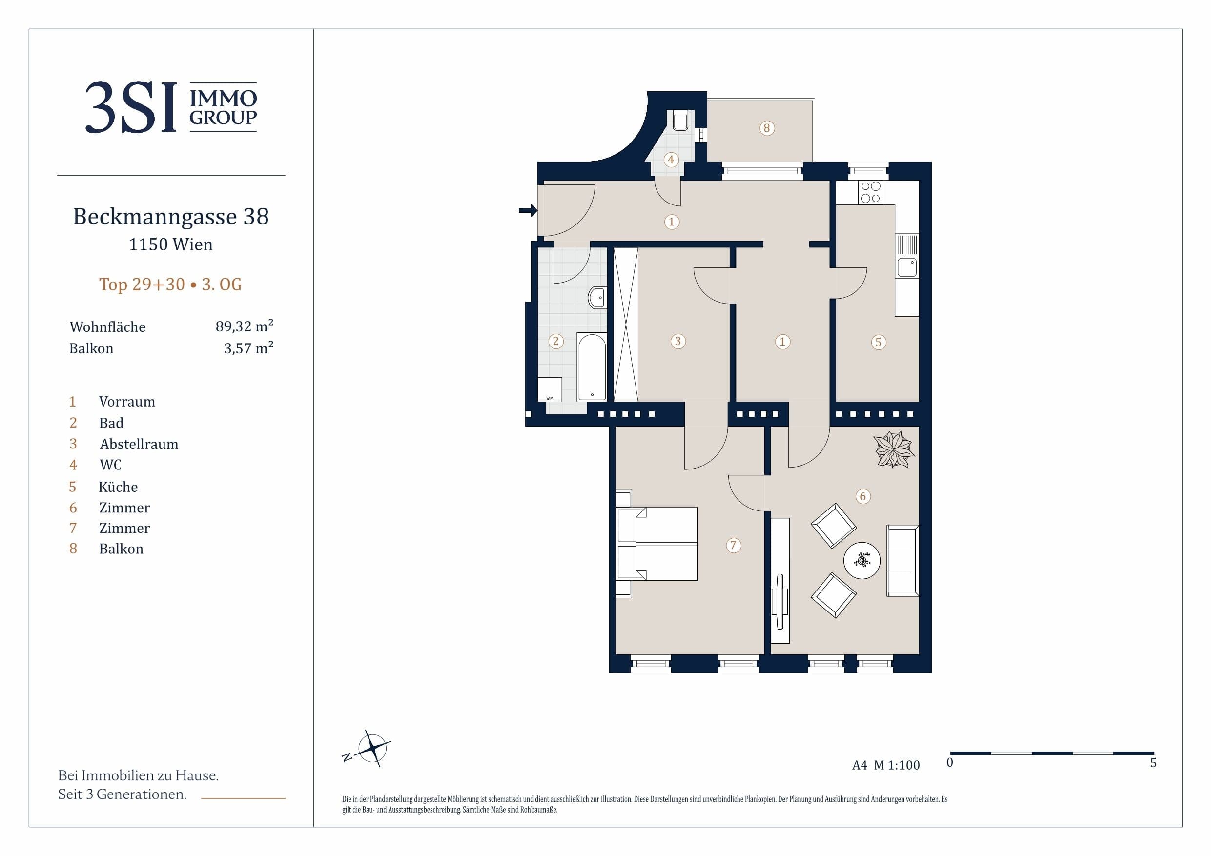 Grundriss Top 29-30 — Beckmanngasse 38 — 3 Zimmer — 89,3 m² — 3rd floor