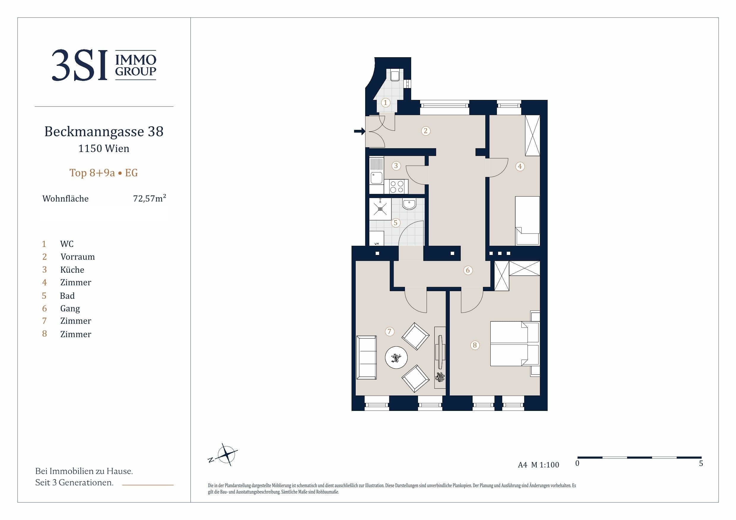 Grundriss Top 8-9a — Beckmanngasse 38 — 3 Zimmer — 72,6 m² — Ground floor
