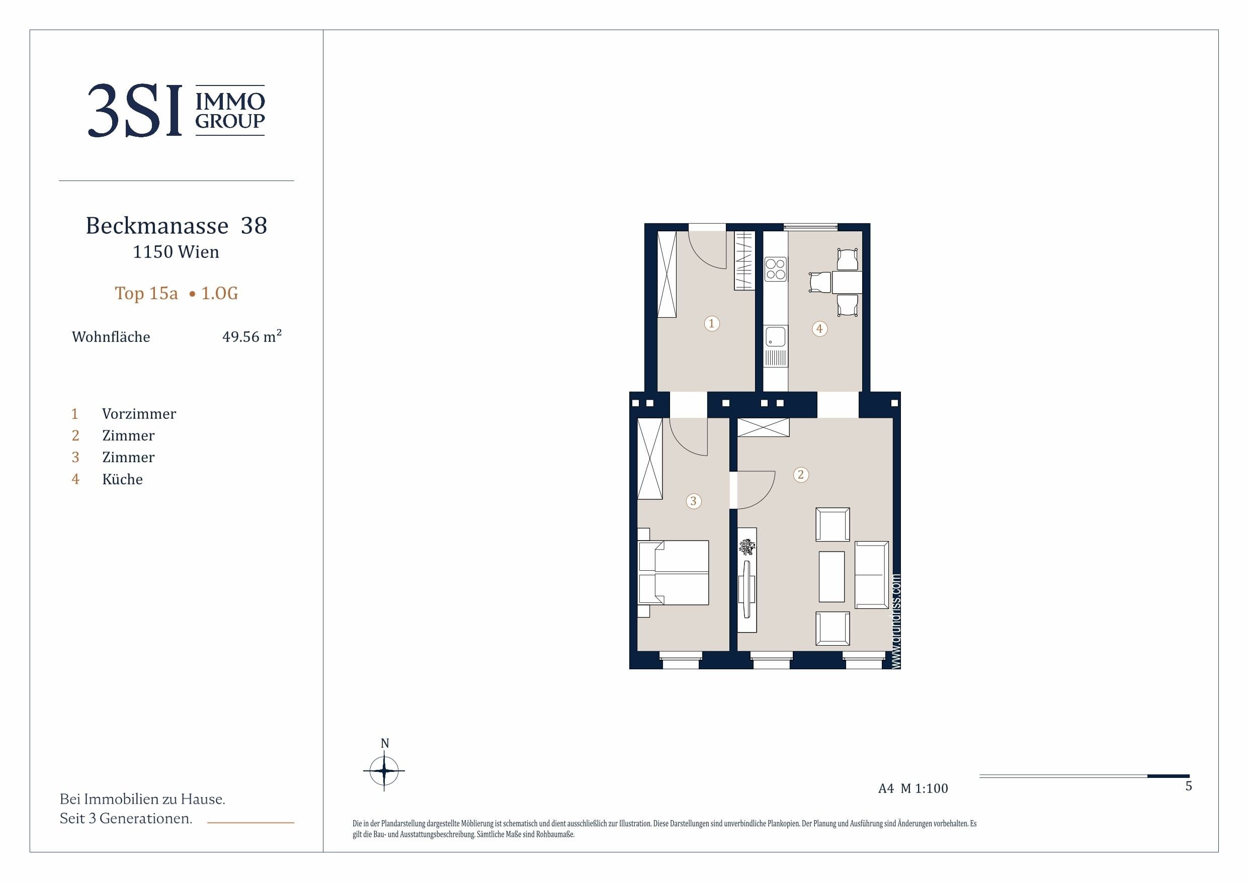 Grundriss Top 15a — Beckmanngasse 38 — 2 Zimmer — 49,6 m² — 1st floor