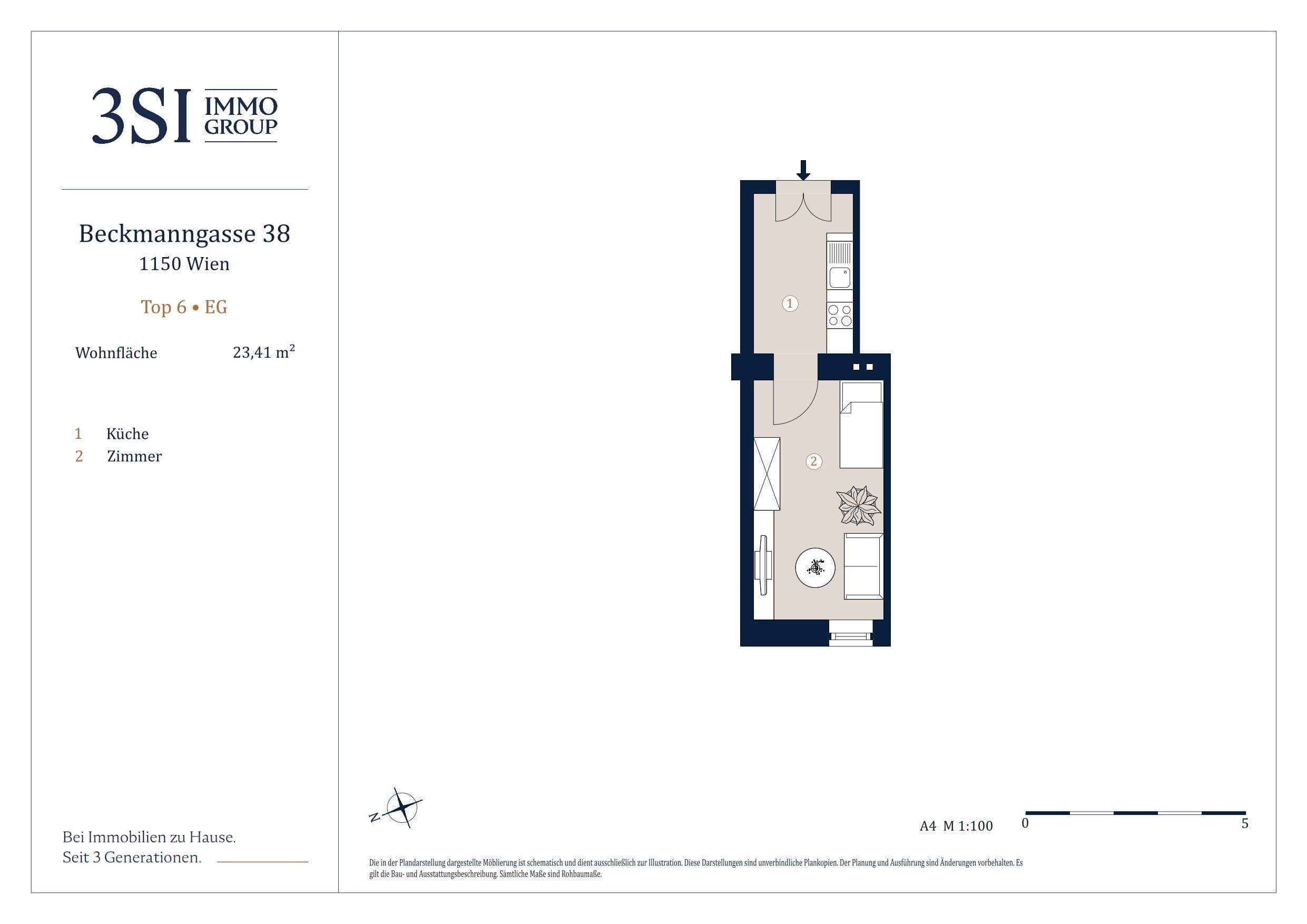 Grundriss Top 6 — Beckmanngasse 38 — 1 Zimmer — 23,4 m² — Ground floor