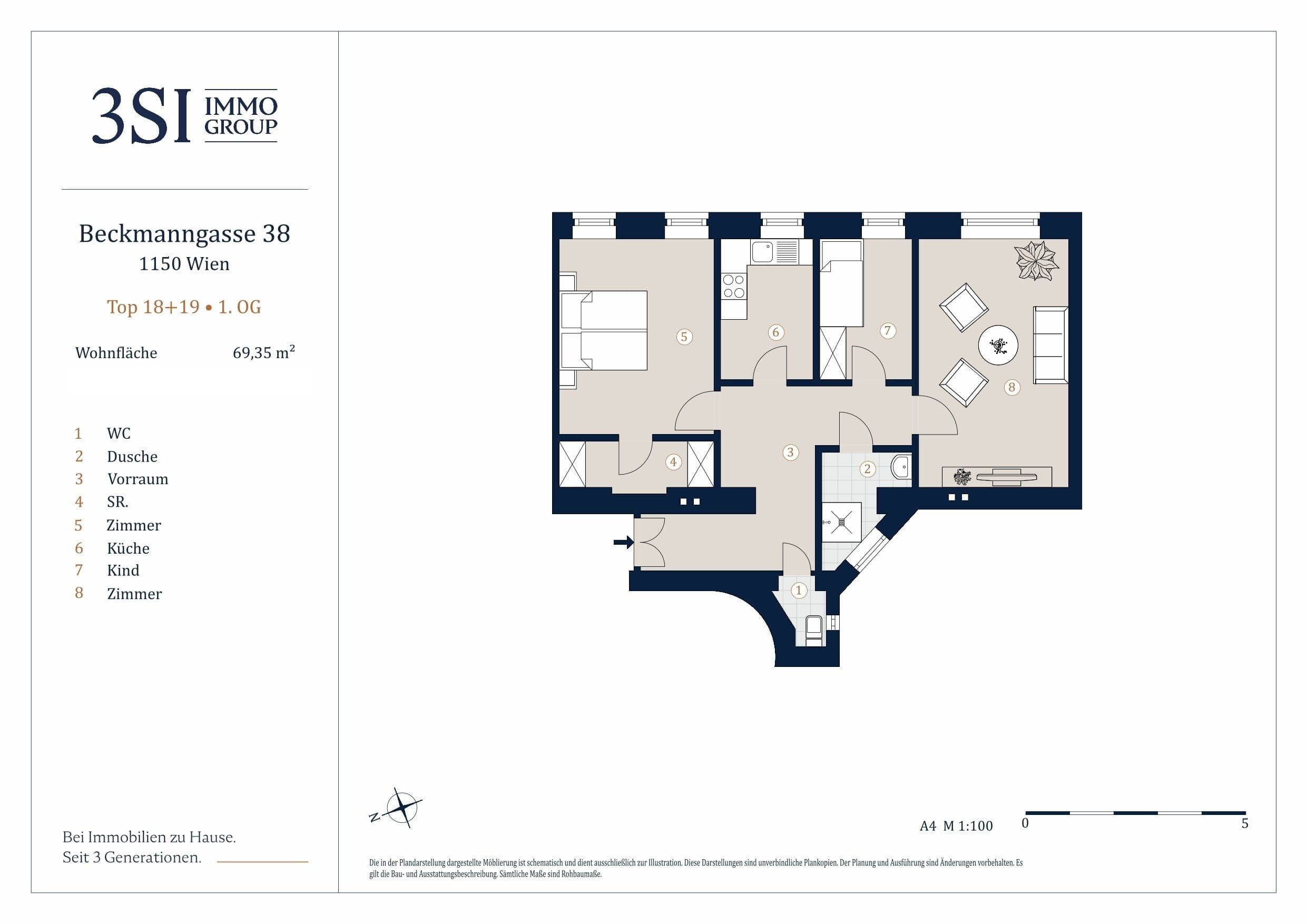 Grundriss Top 18-19 — Beckmanngasse 38 — 3 Zimmer — 69,4 m² — 1st floor