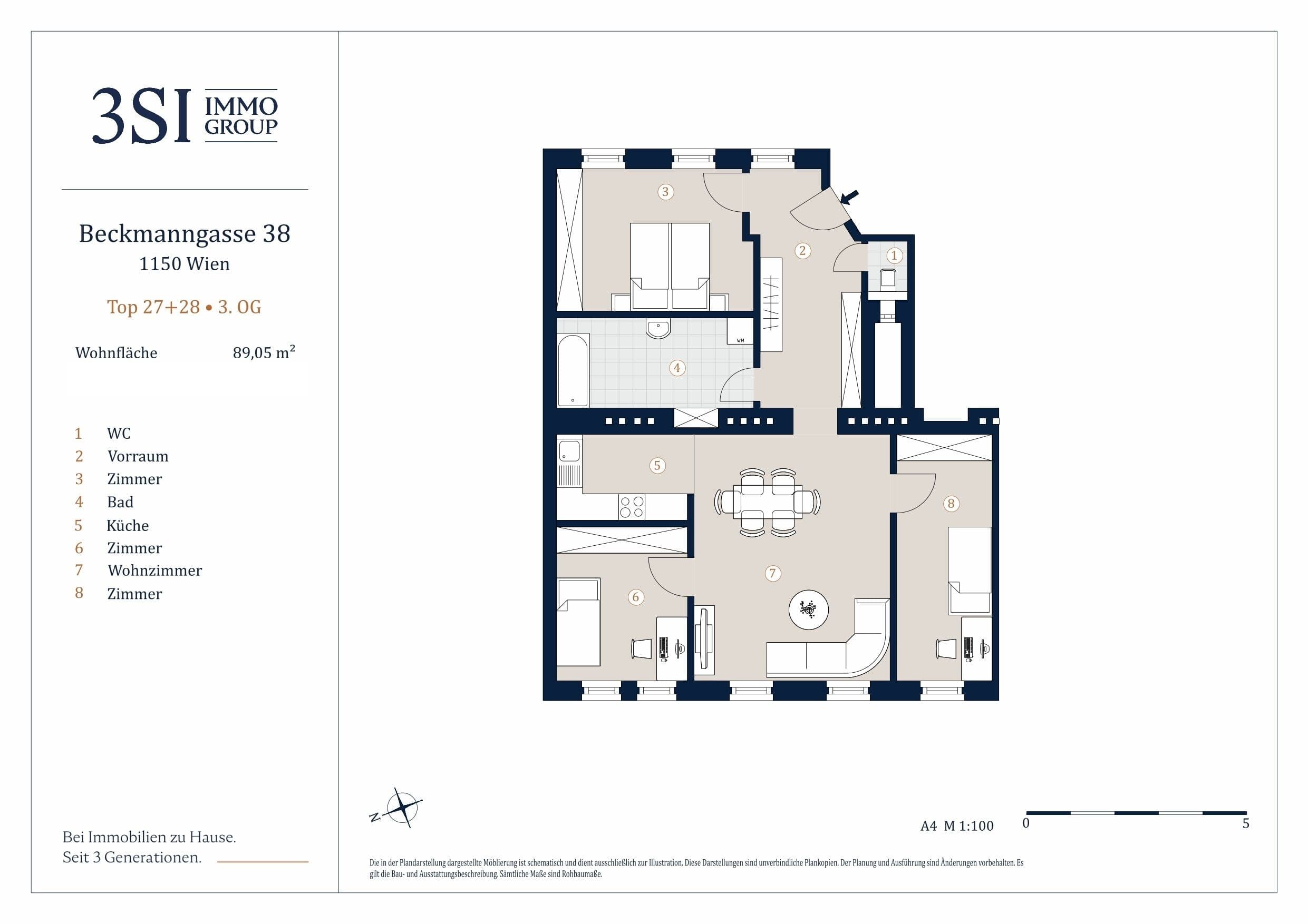 Grundriss Top 27-28 — Beckmanngasse 38 — 4 Zimmer — 89,1 m² — 3rd floor