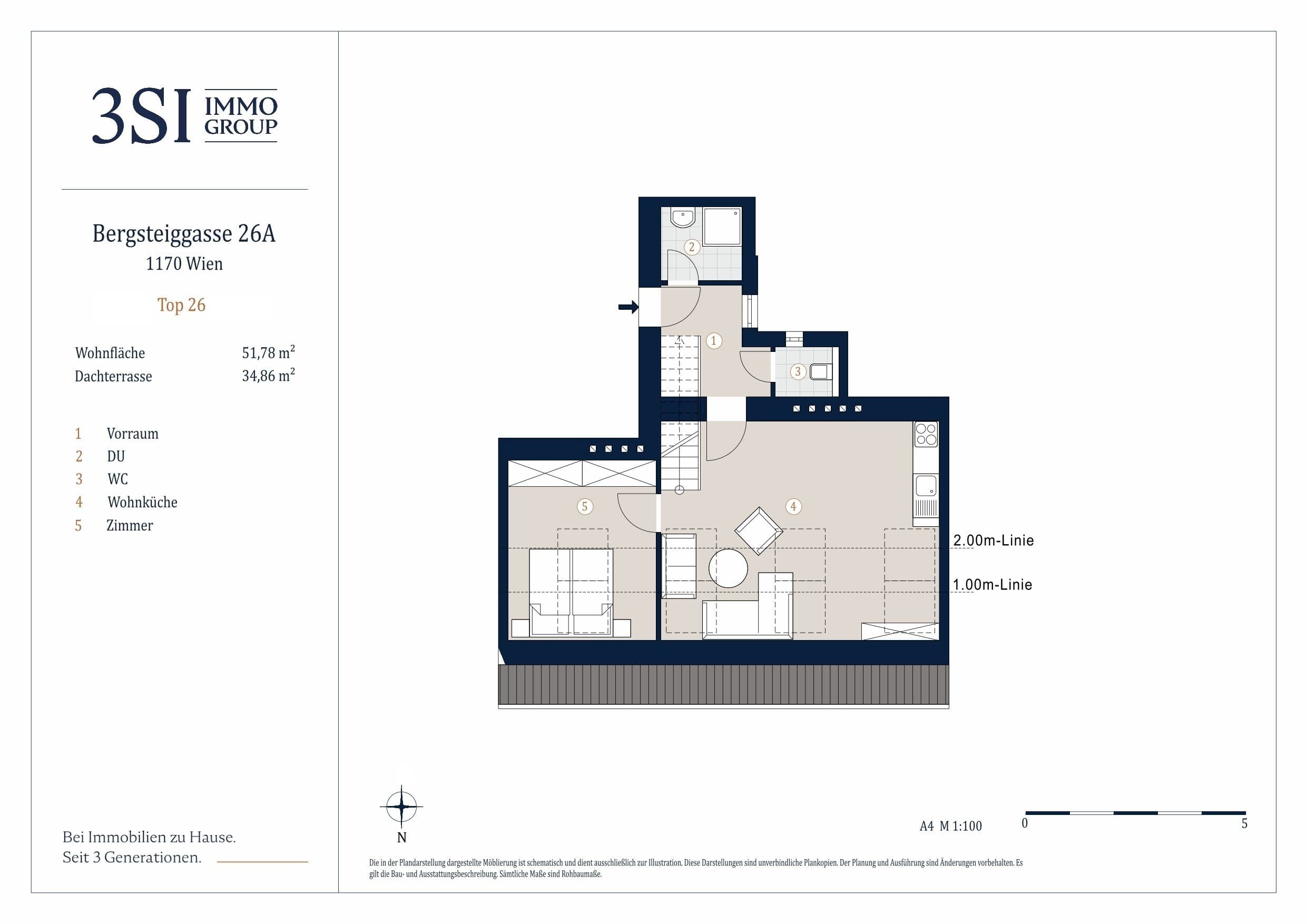 Grundriss 26 — Bergsteiggasse — 2 Zimmer — 51,8 m² — 1st attic floor — Modernes Wohnen mit großer Terrasse zum Entspannen