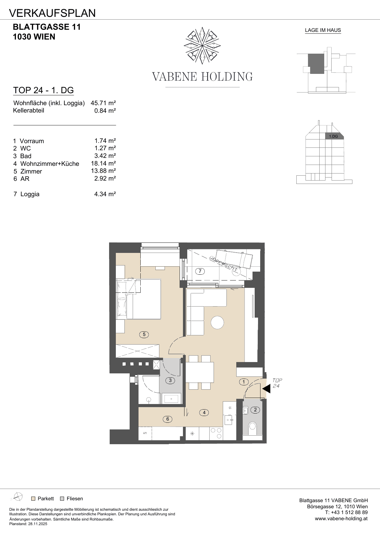 Grundriss Top 24 — Blattgasse 11 — 2 Zimmer — 41,4 m² — 1st attic floor