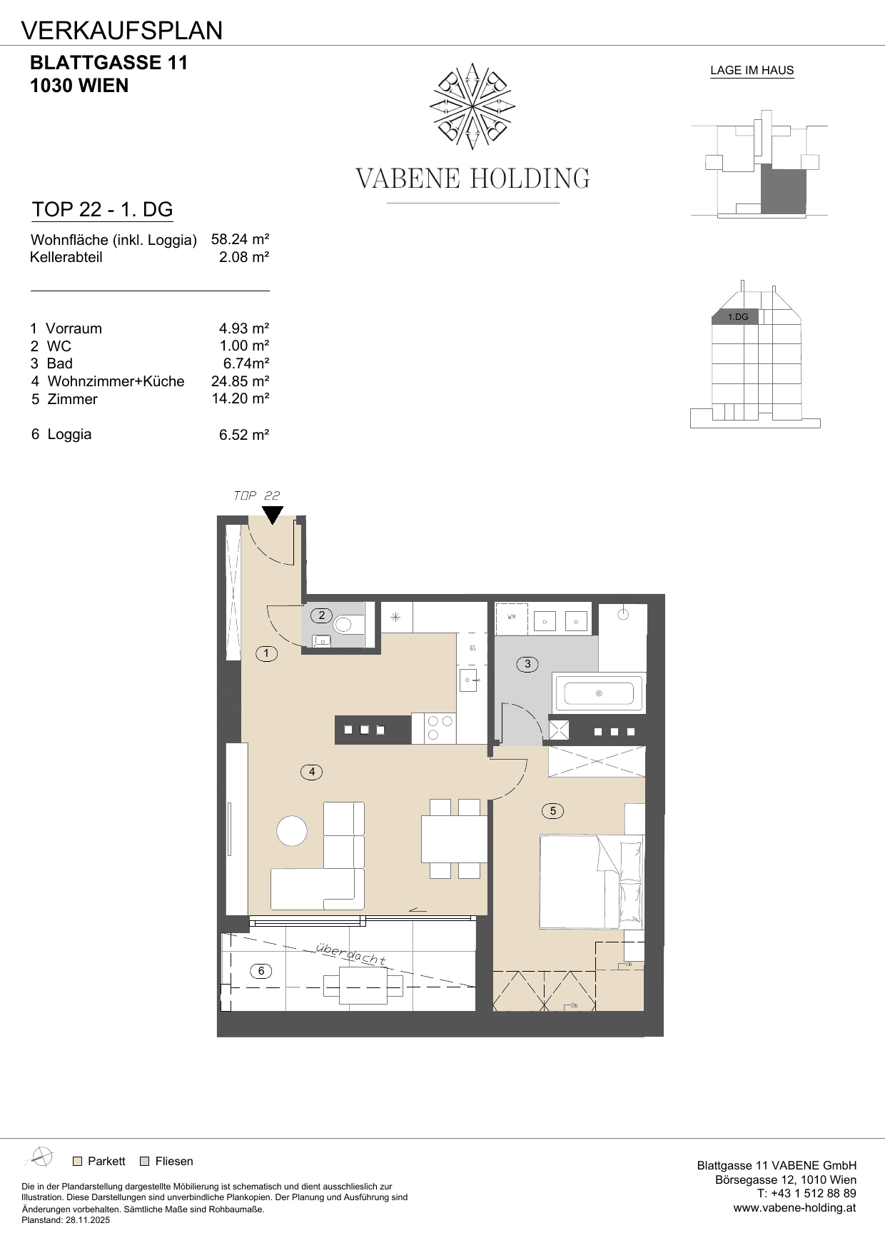Grundriss Top 22 — Blattgasse 11 — 2 Zimmer — 51,7 m² — 1st attic floor
