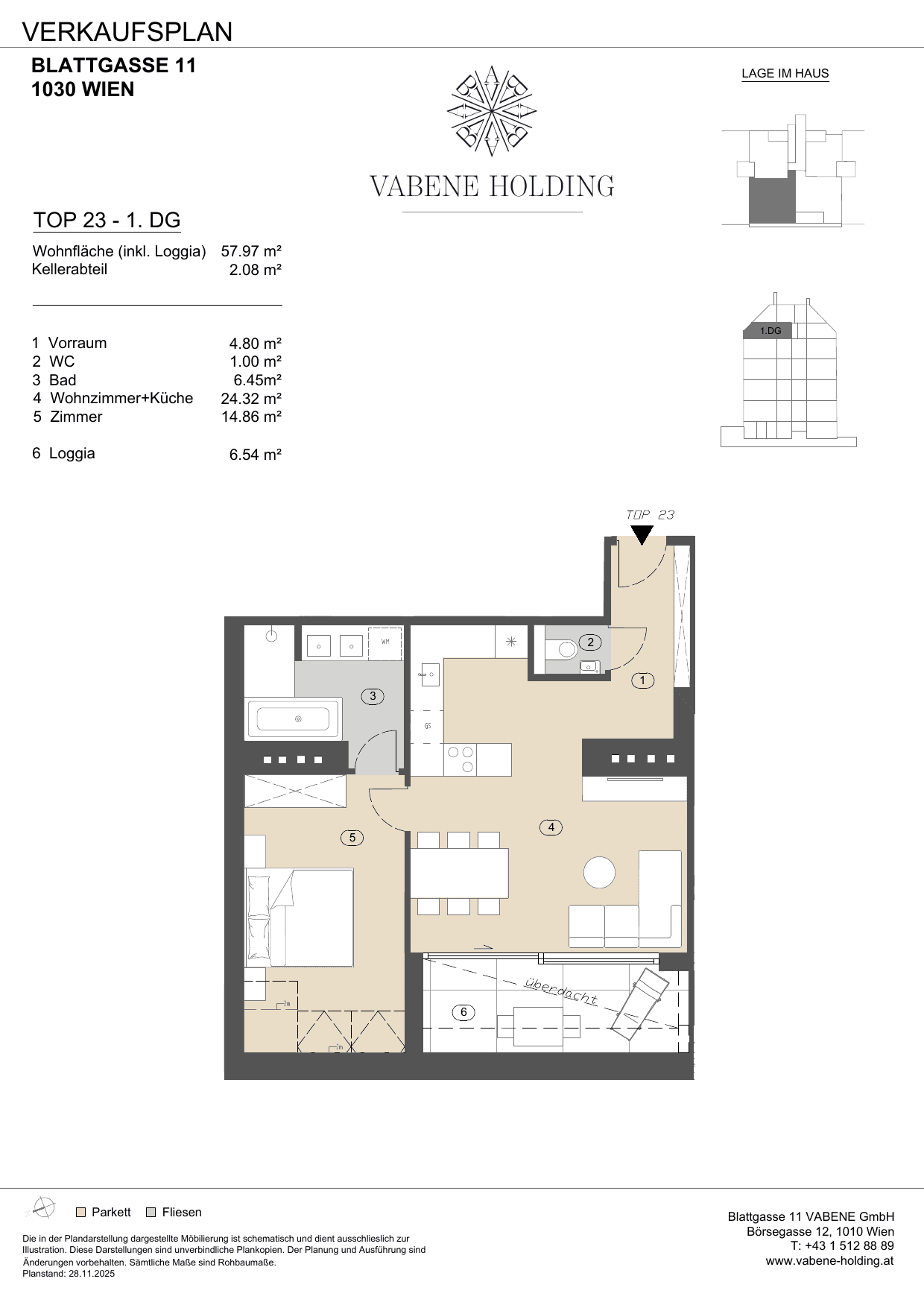 Grundriss Top 23 — Blattgasse 11 — 2 Zimmer — 51,4 m² — 1st attic floor