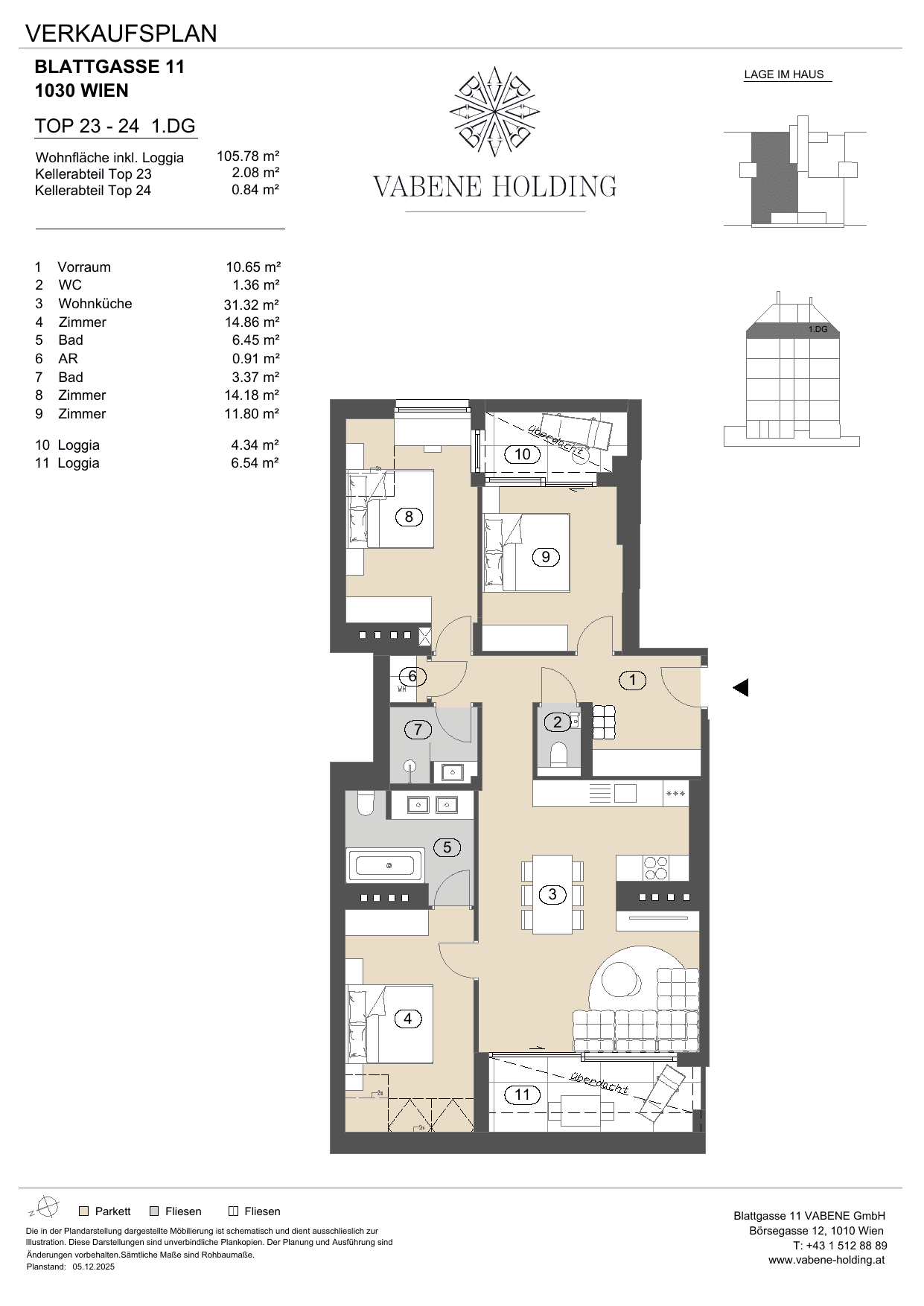 Grundriss Top 23-24 — Blattgasse 11 — 4 Zimmer — 94,9 m² — 1st attic floor