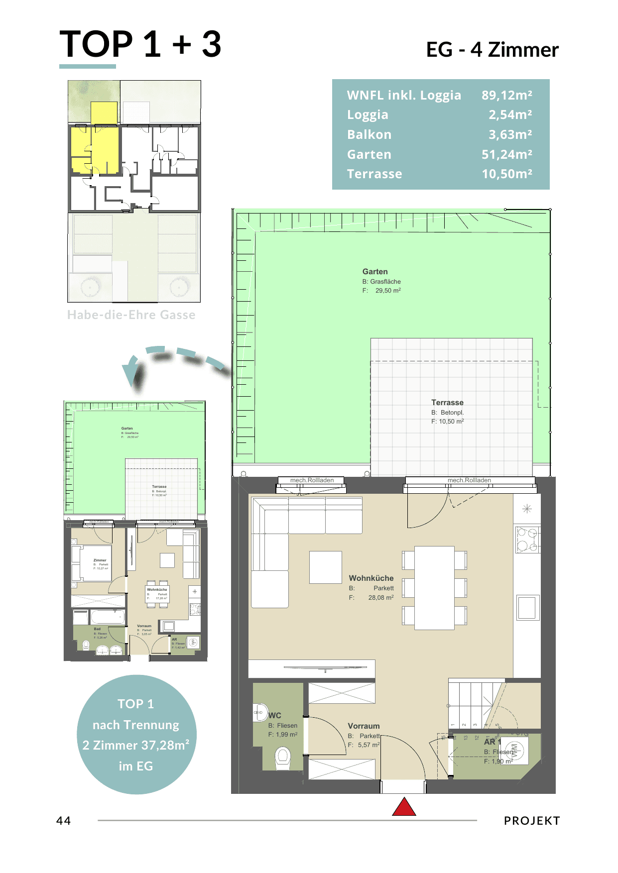 Grundriss Top 1+3 — Bona Dea — 4 Zimmer — 89,1 m² — Ground floor / 1st floor
