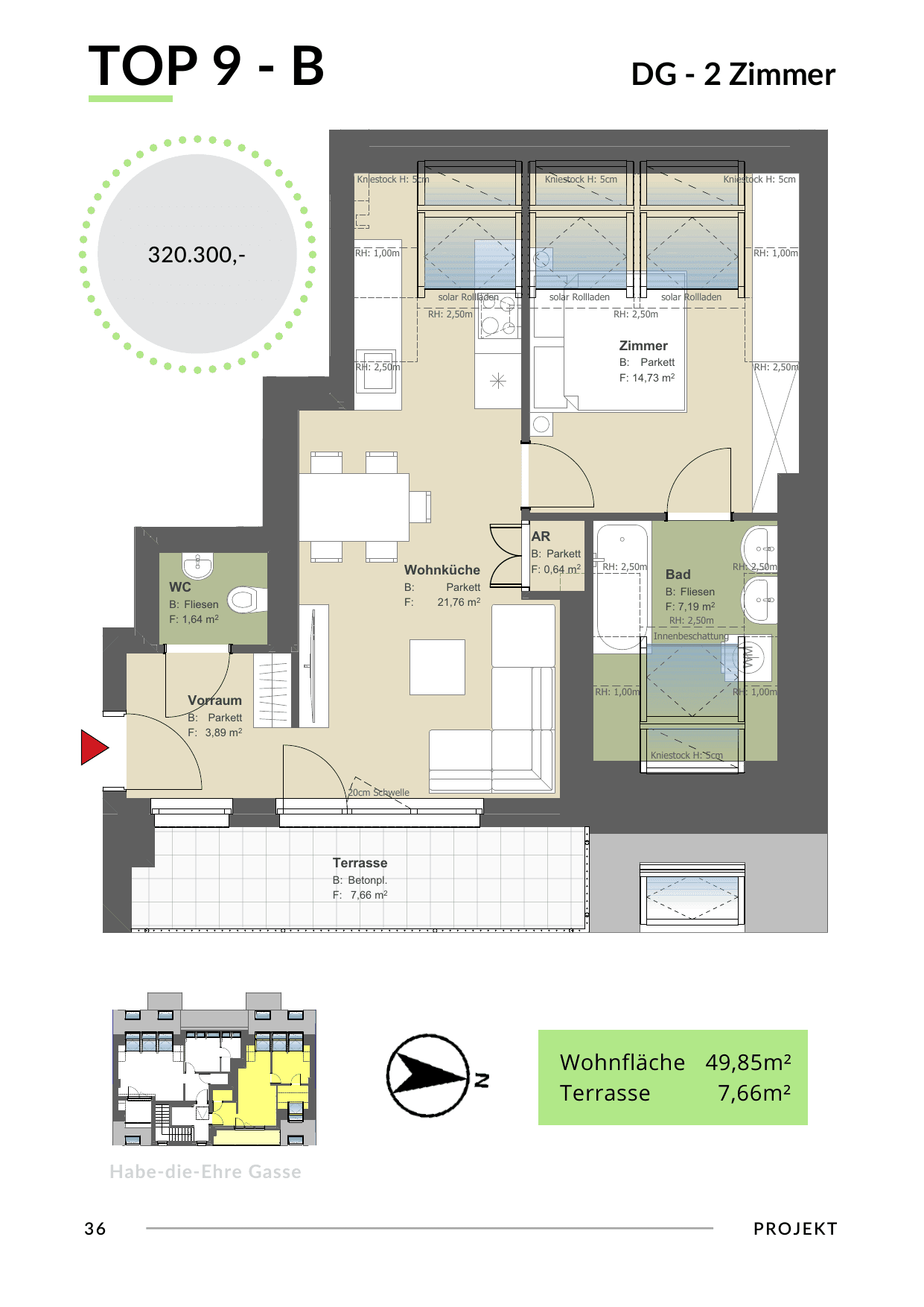 Grundriss Top 9 - Var B — Bona Dea — 2 Zimmer — 49,9 m² — Attic floor